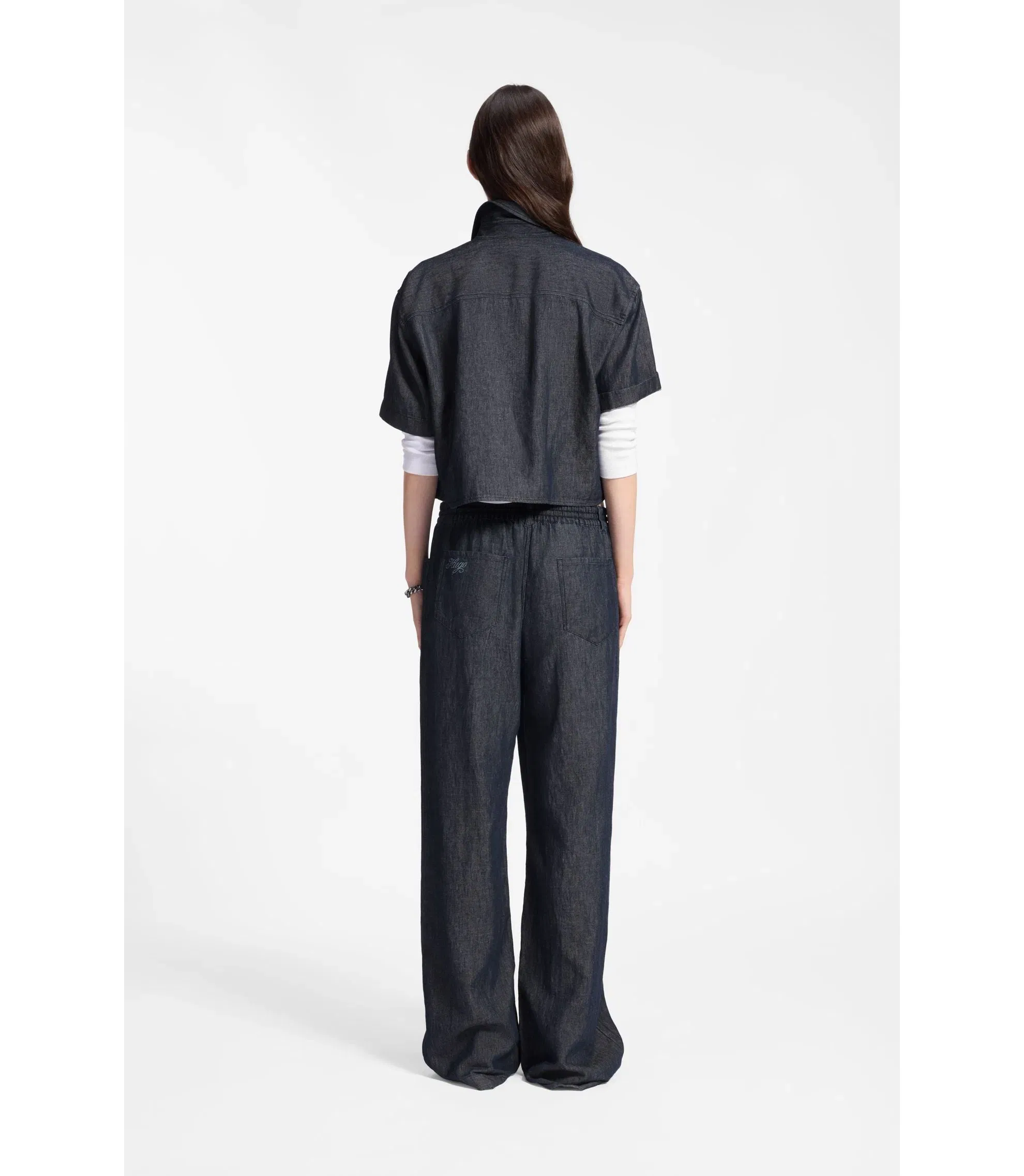 Hugo Regular Fit Trousers In Lightweight Denim With Drawstring Waist Dark Blue Women's
