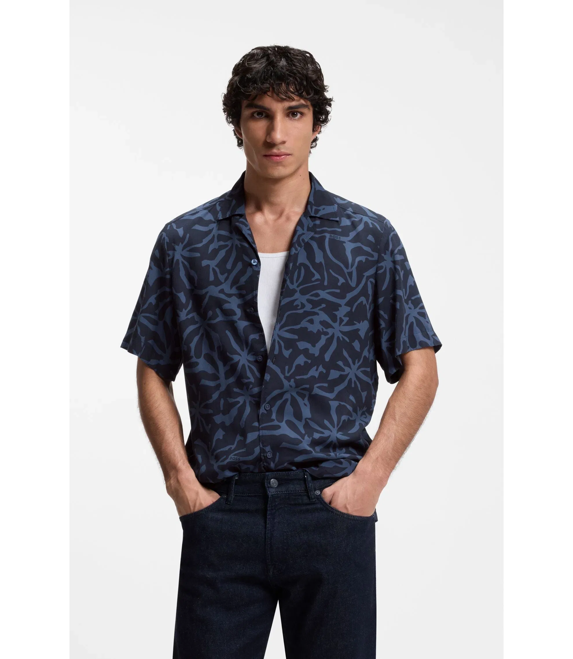 Boss Regular Fit Shirt With Maxi Print Dark Blue