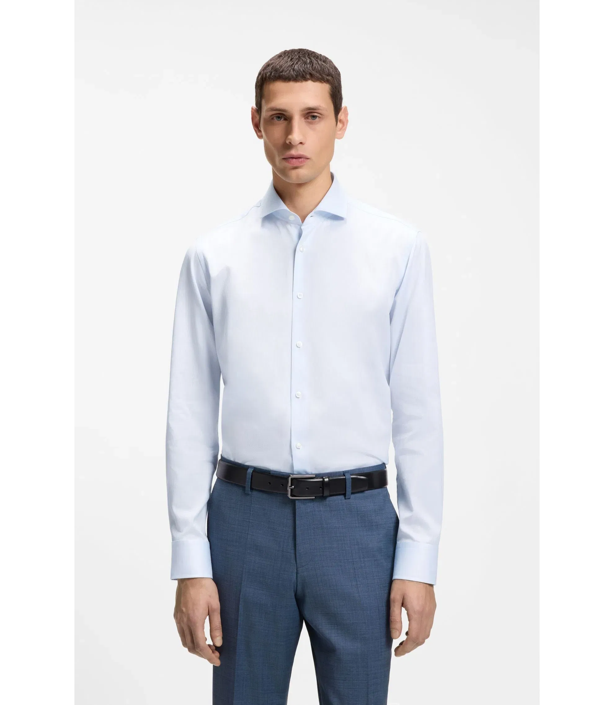 Boss Regular Fit Shirt In Structured Italian Made Cotton Blue