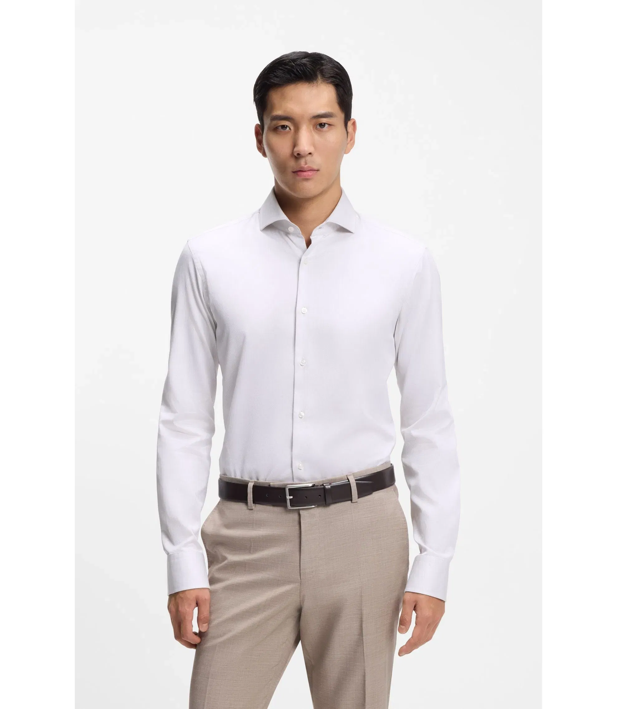 Boss Regular Fit Shirt In Structured Italian Made Cotton Khaki