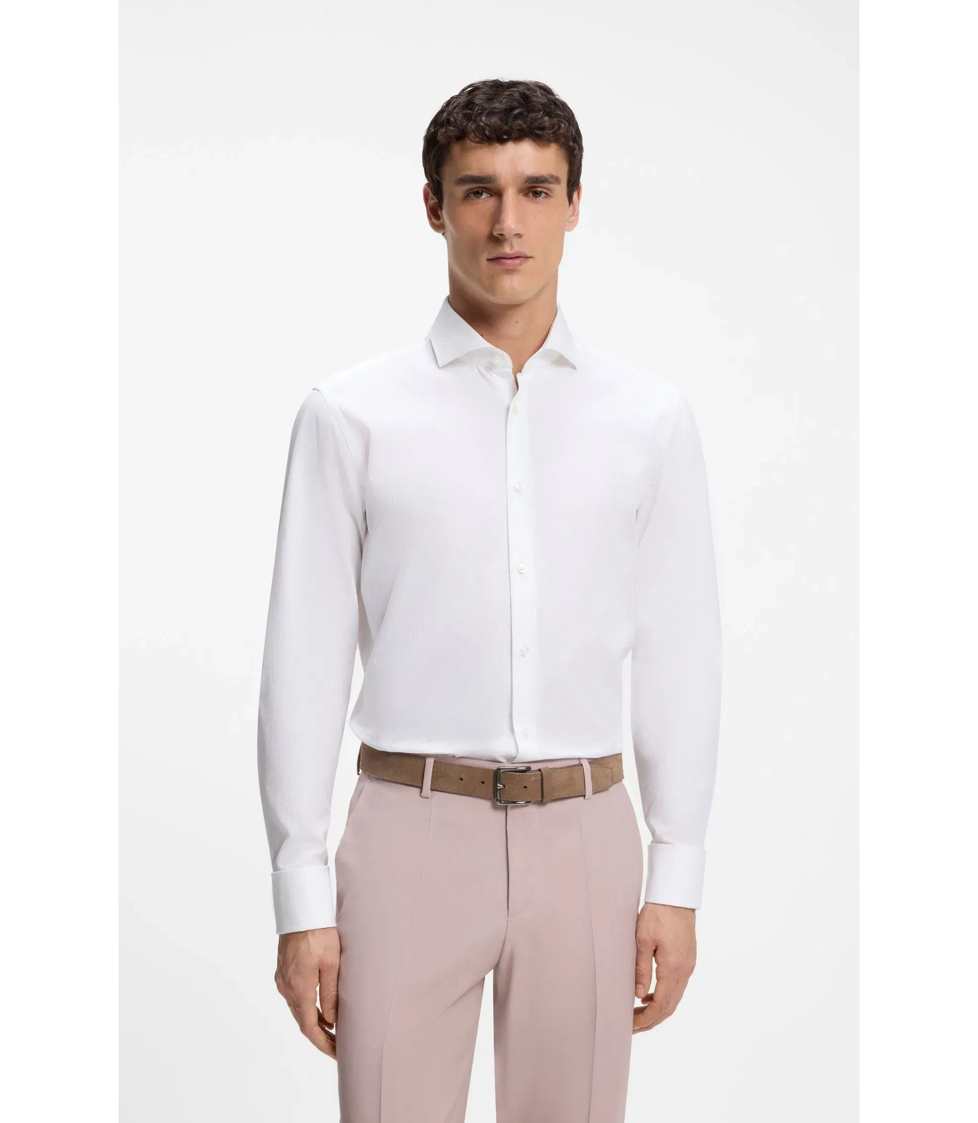 Boss Regular Fit Shirt In Structured Italian Cotton White