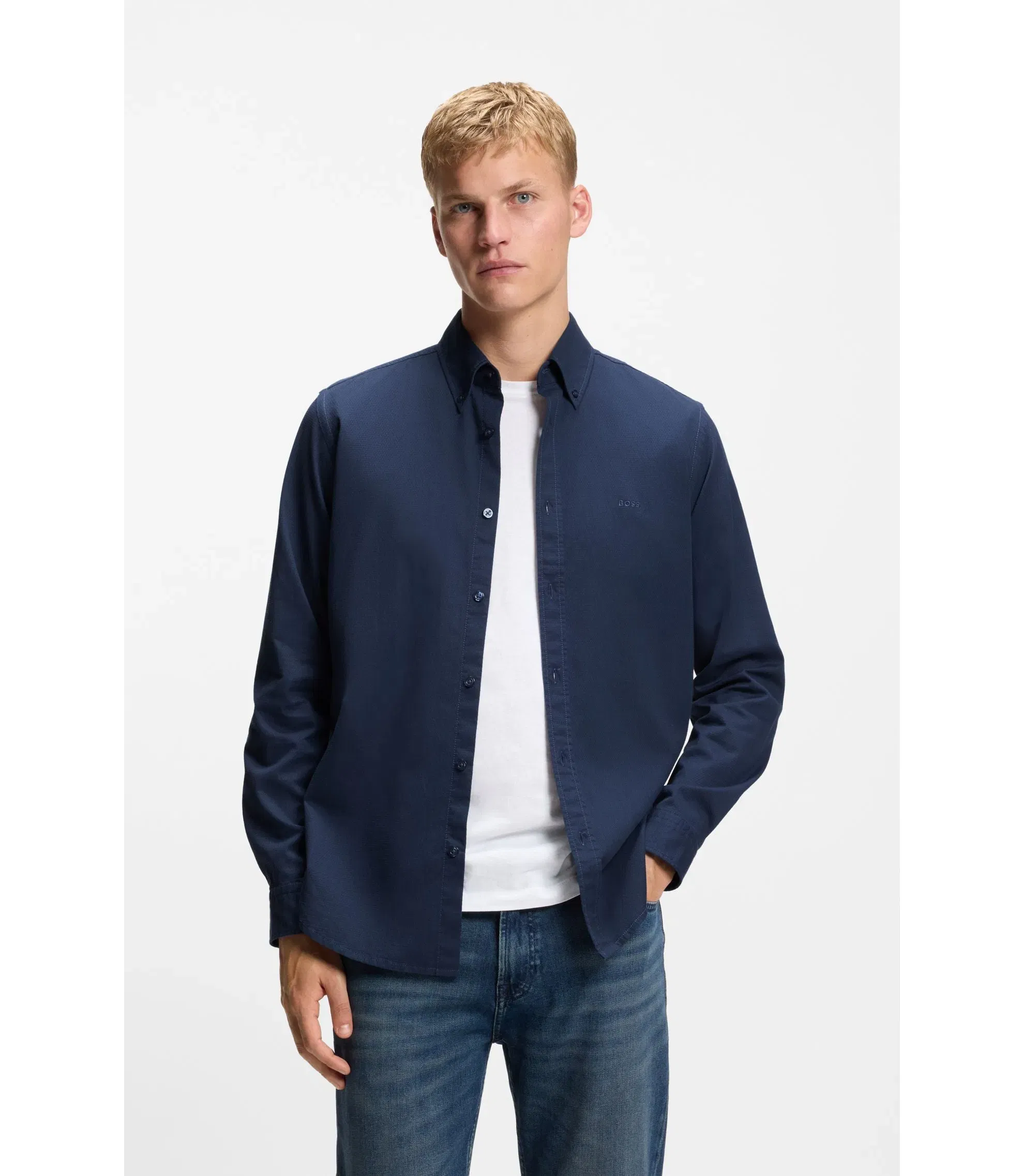 Boss Regular Fit Shirt In Stretch Cotton Dobby Light Blue