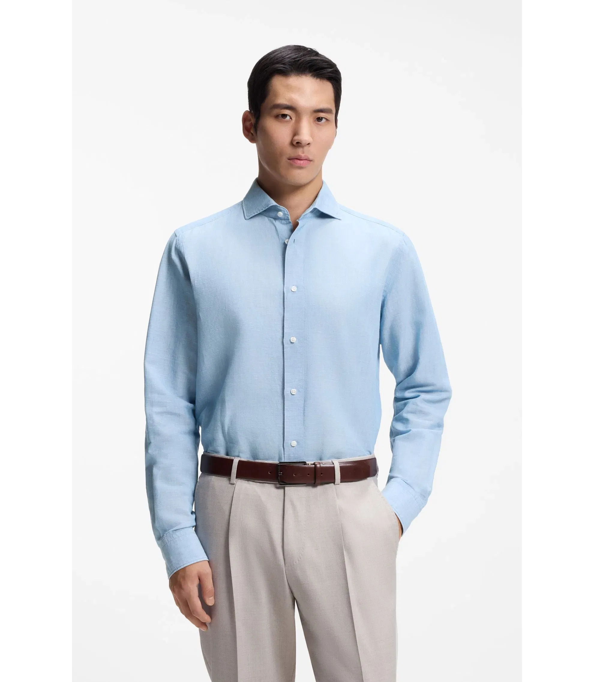 Boss Regular Fit Shirt In Italian Made Linen And Cotton Light Blue