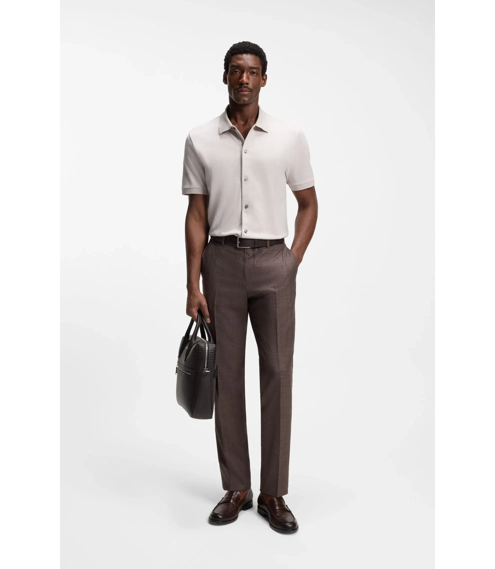 Boss Regular Fit Shirt In Bubble Structure Cotton Light Beige
