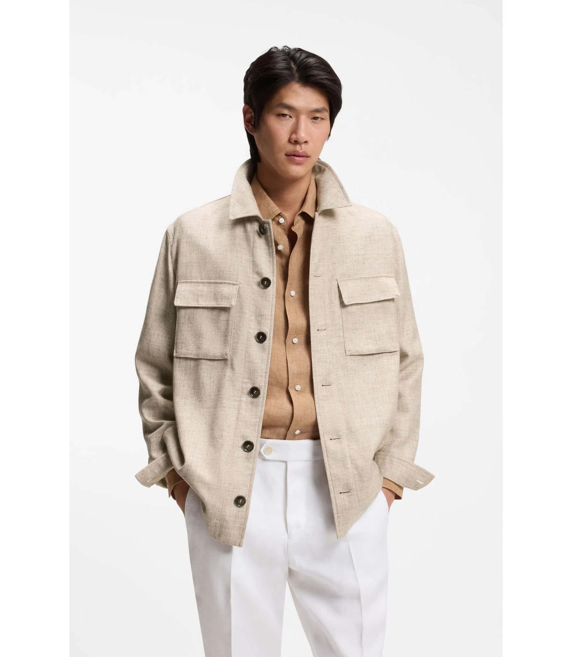Boss Regular Fit Overshirt In Virgin Wool Silk And Linen Beige