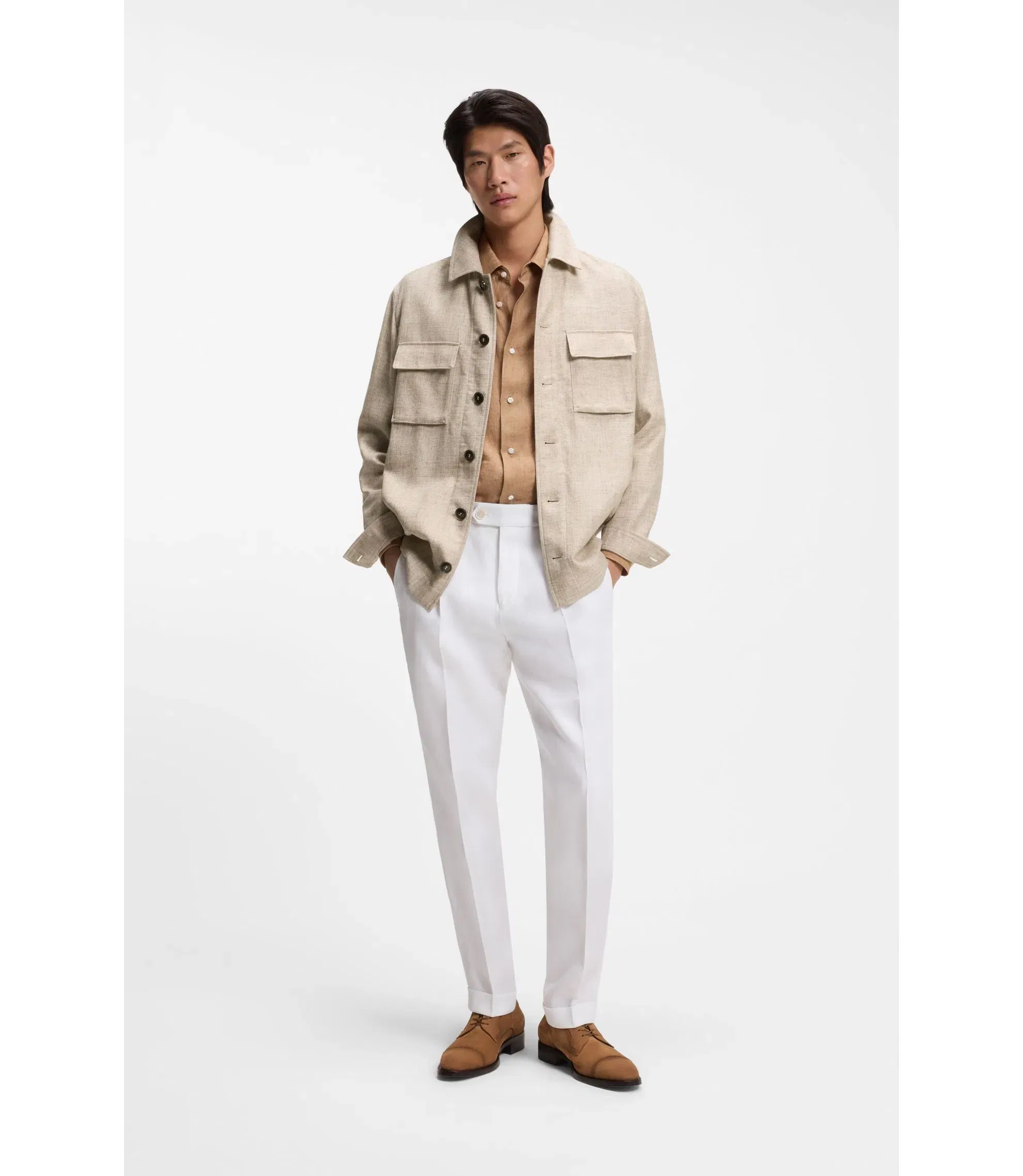 Boss Regular Fit Overshirt In Virgin Wool Silk And Linen Beige