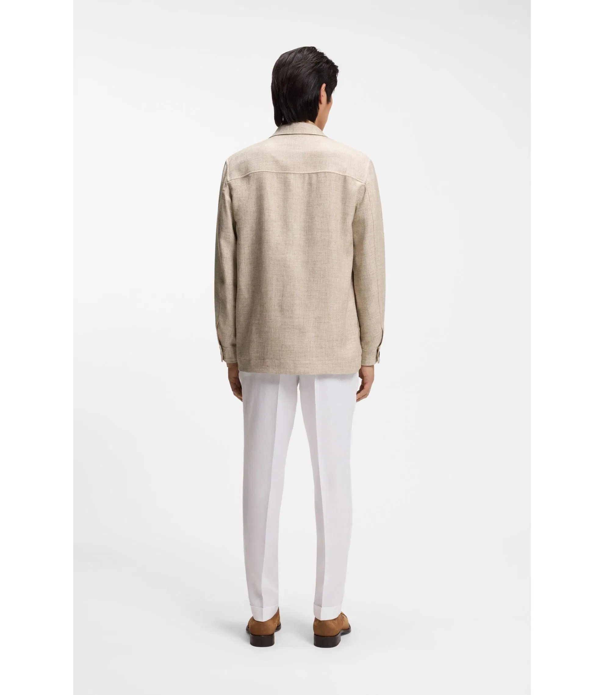 Boss Regular Fit Overshirt In Virgin Wool Silk And Linen Beige