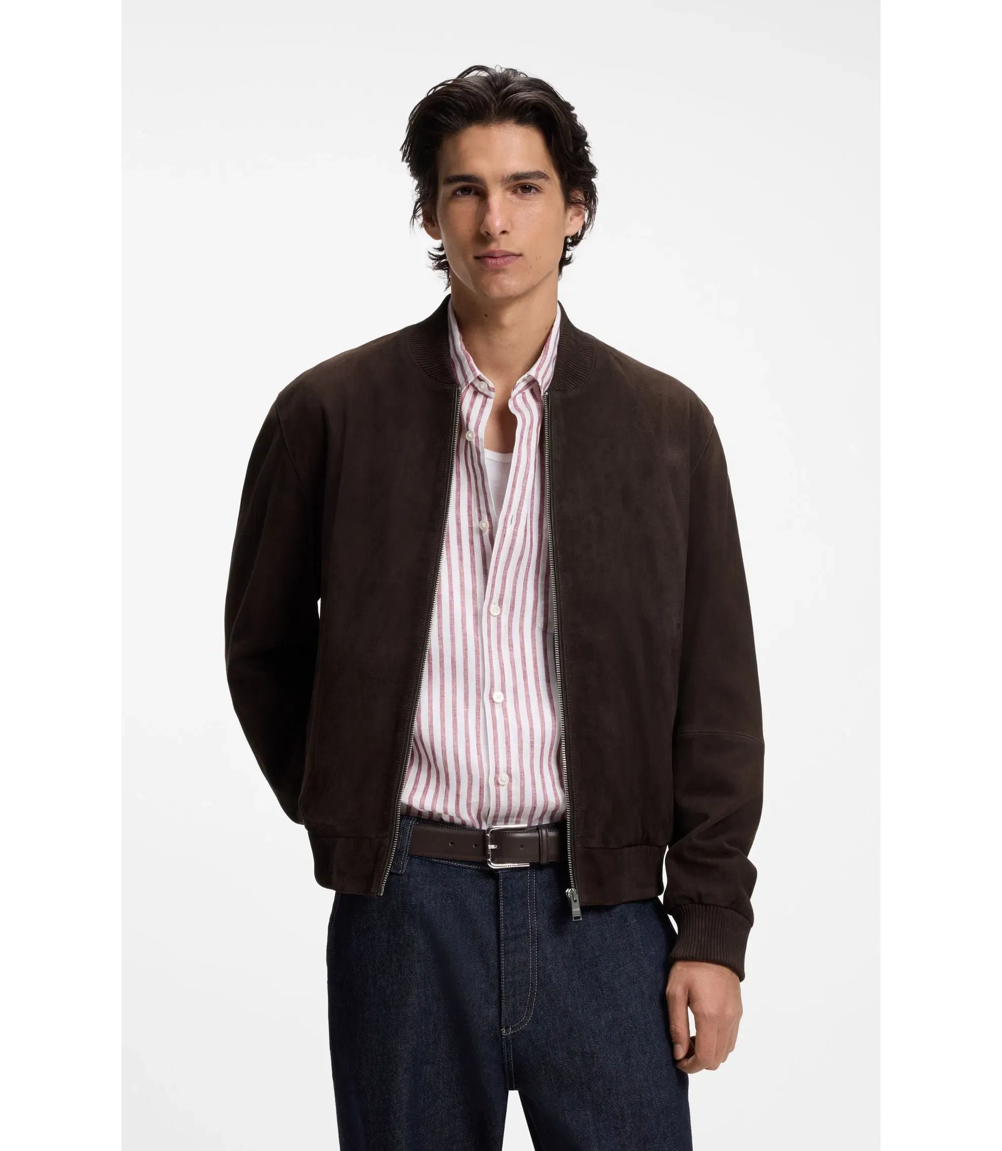 Boss Regular Fit Jacket In Suede Dark Brown