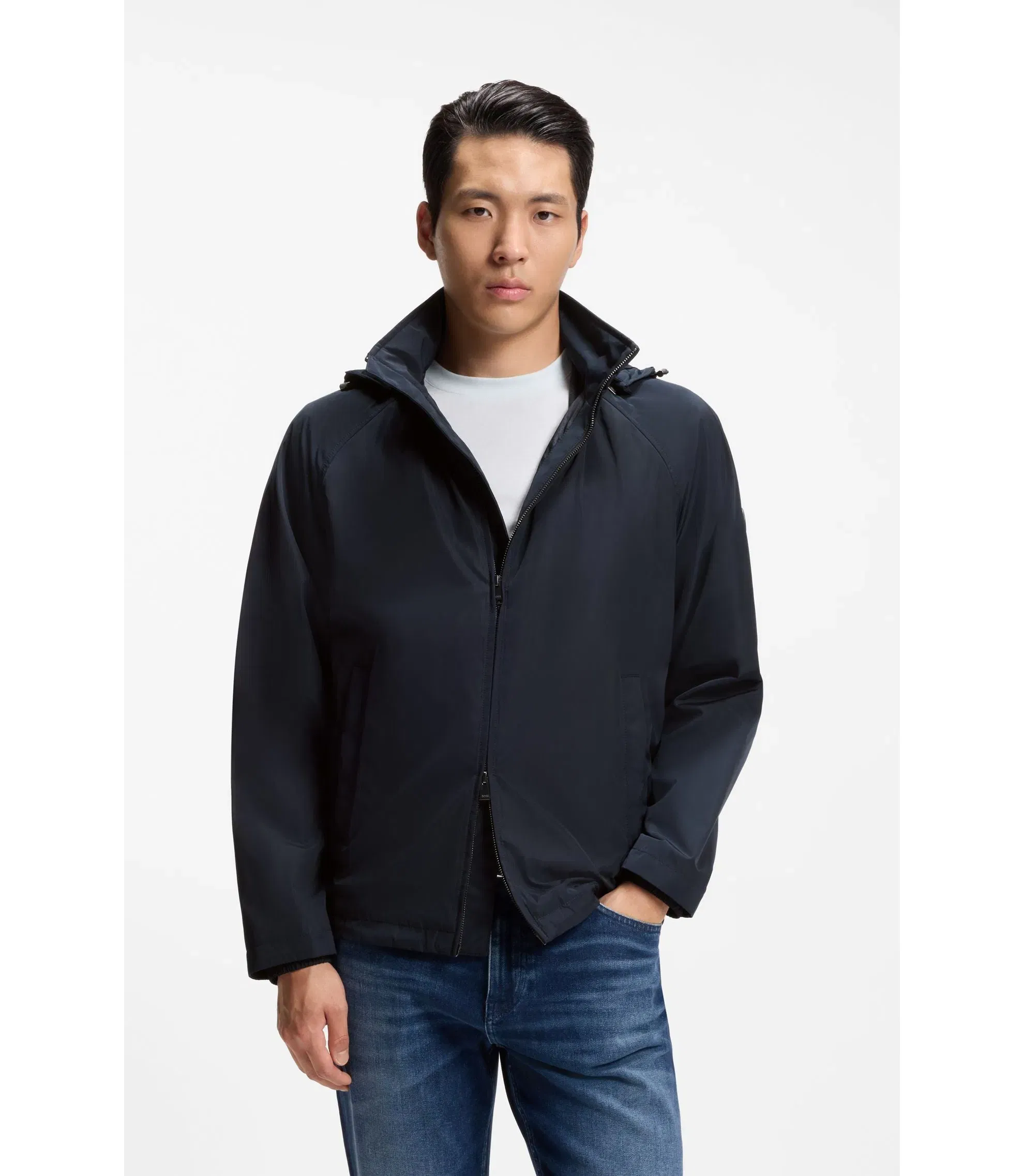 Boss Regular Fit Hooded Jacket With Water Repellent Finish Dark Blue