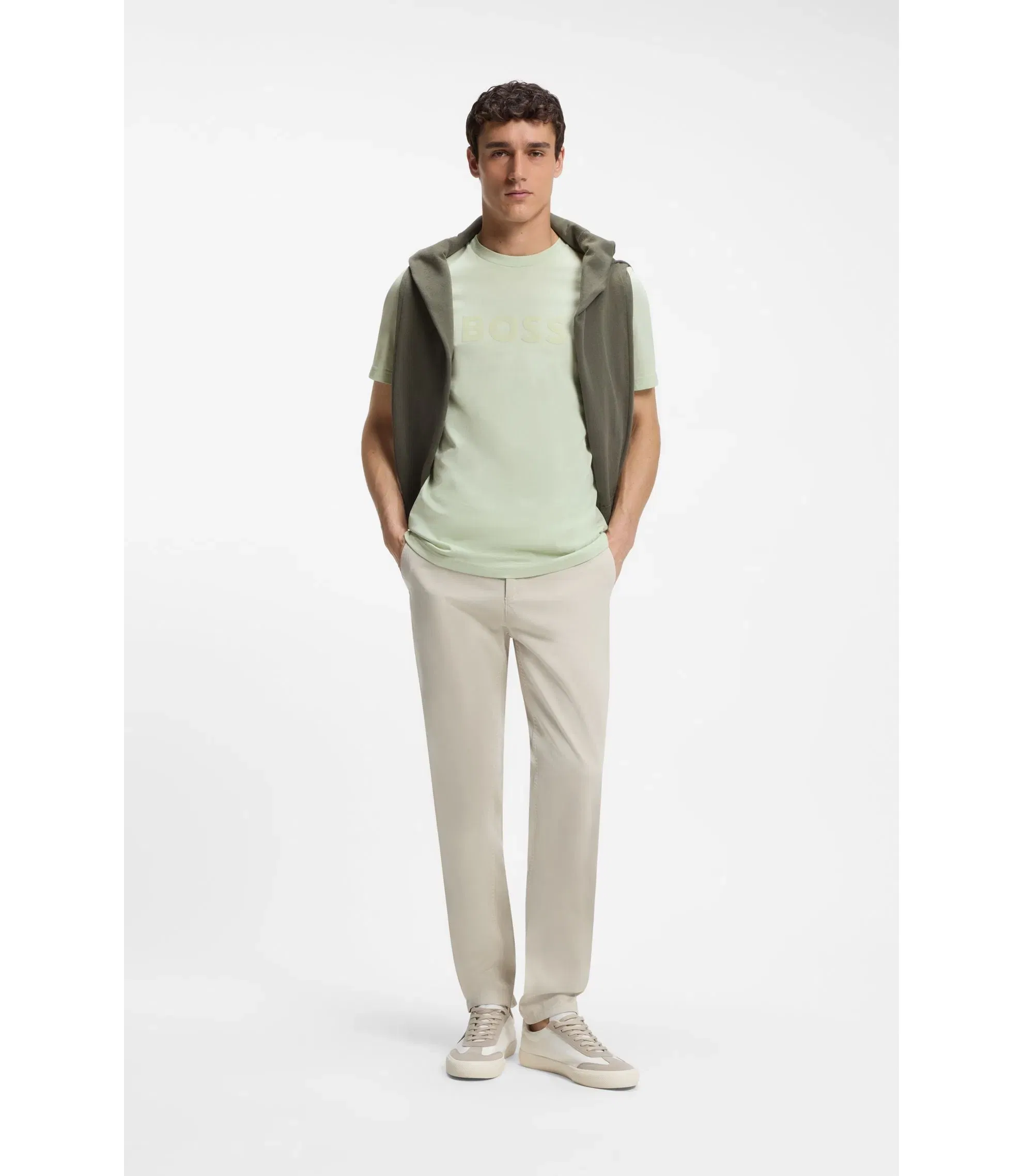Boss Regular Fit Cotton T-Shirt With Modern Logo Light Green