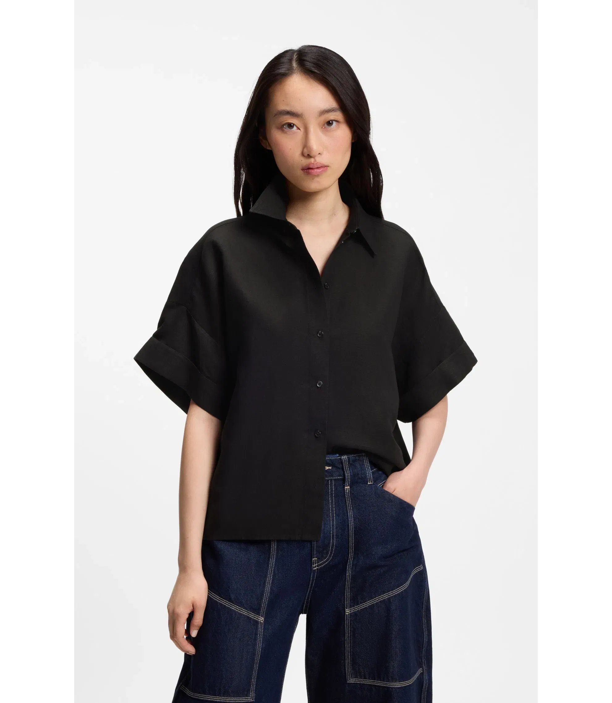 Boss Regular Fit Blouse With Rolled Cuffs Black Women's