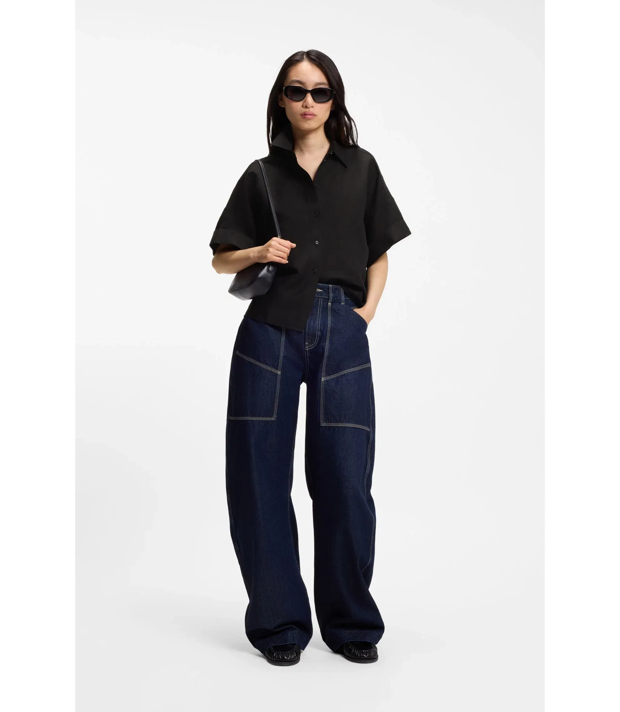 Boss Regular Fit Blouse With Rolled Cuffs Black Women's