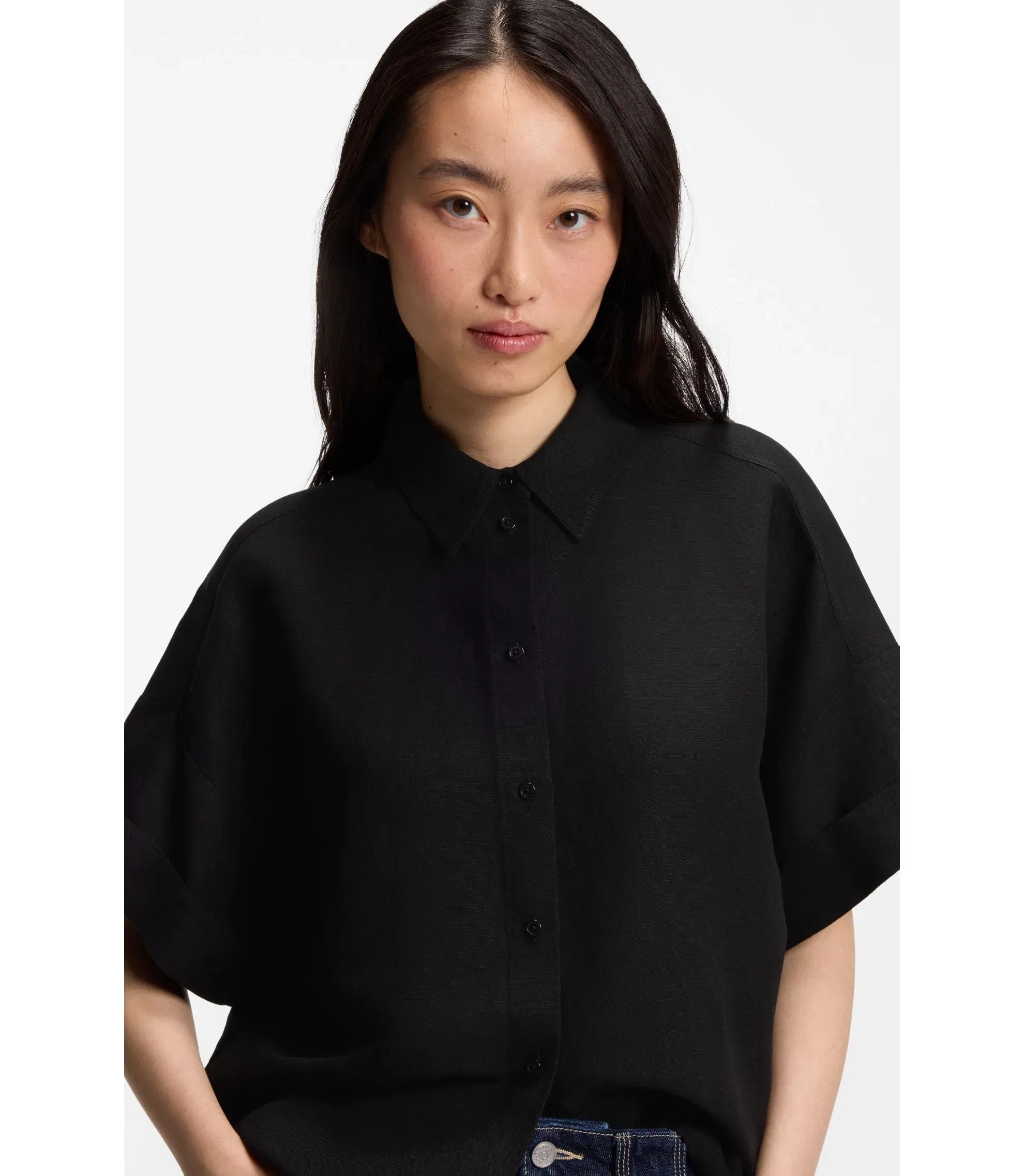 Boss Regular Fit Blouse With Rolled Cuffs Black Women's