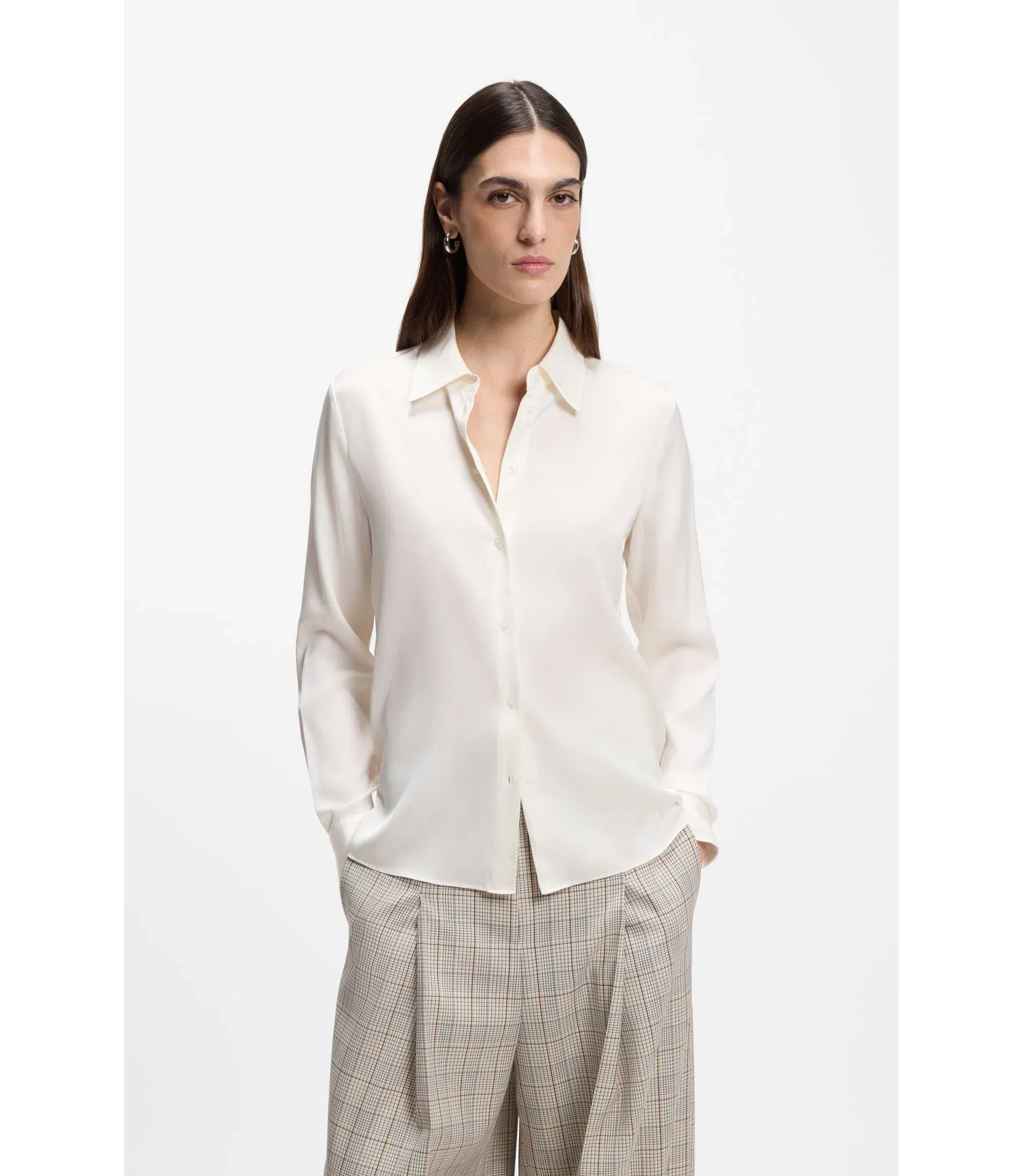 Boss Regular Fit Blouse In Stretch Silk White Women's