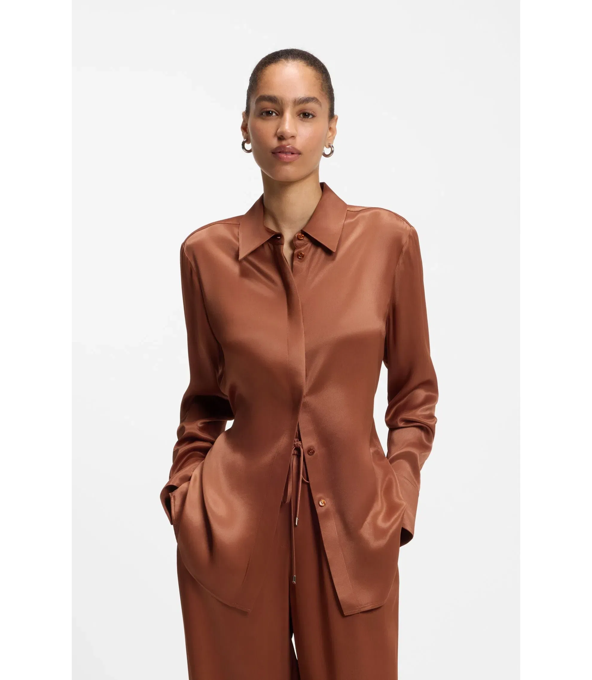 Boss Regular Fit Blouse In Soft Lustrous Fabric Brown Women's