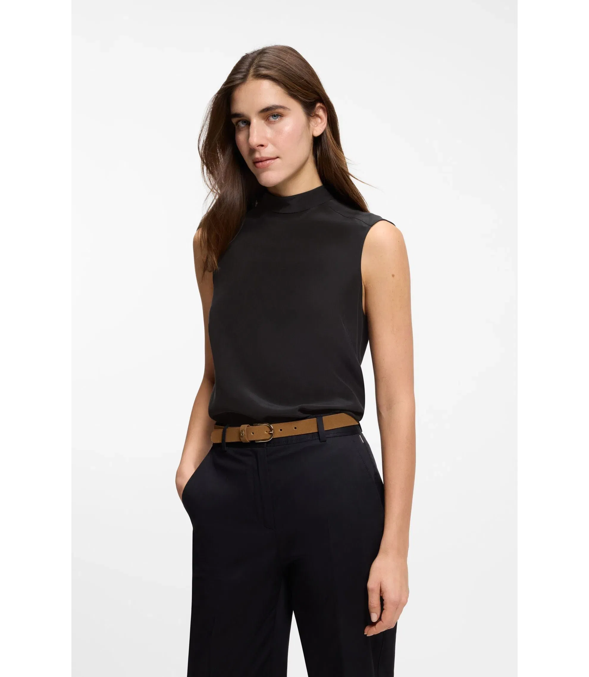 Boss Regular Fit Blouse In Sandwashed Silk With Tie Neck Black Women's