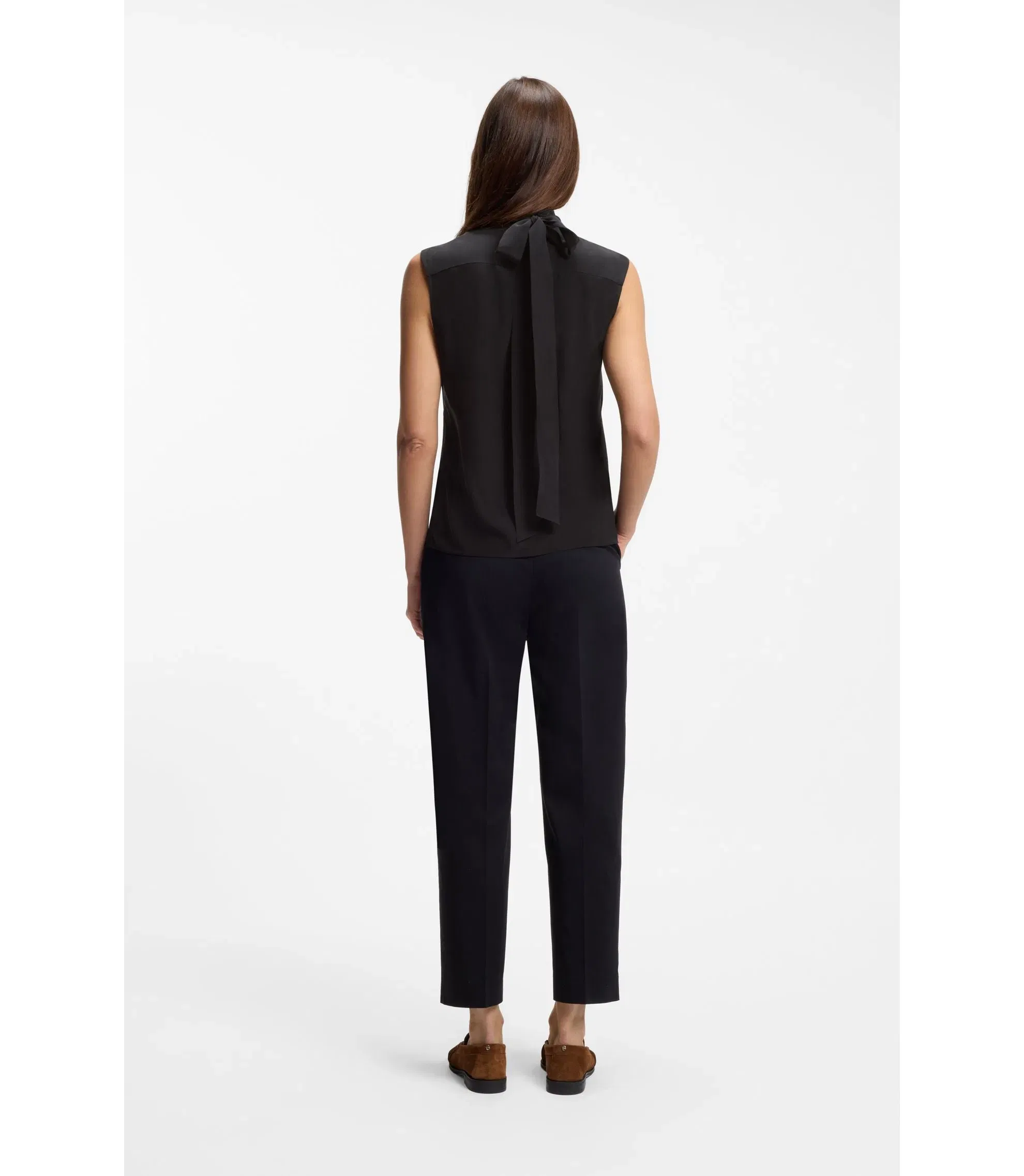 Boss Regular Fit Blouse In Sandwashed Silk With Tie Neck Black Women's