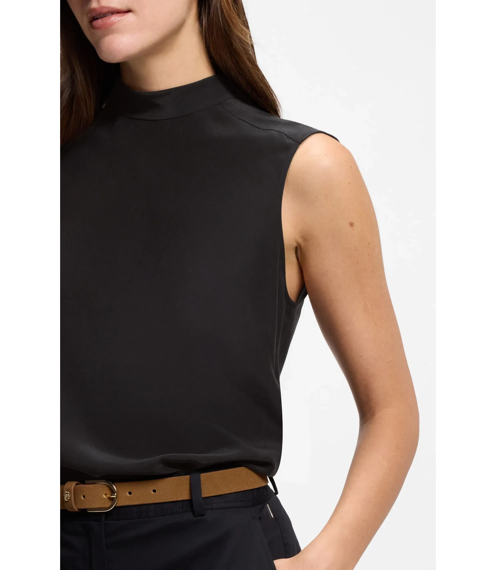 Boss Regular Fit Blouse In Sandwashed Silk With Tie Neck Black Women's
