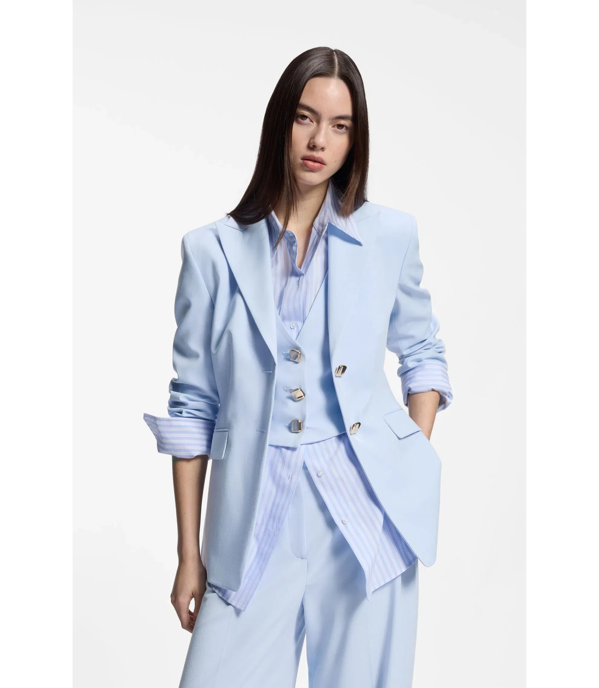 Hugo Regular Fit Blazer With Gold Tone Buttons Light Blue Women's