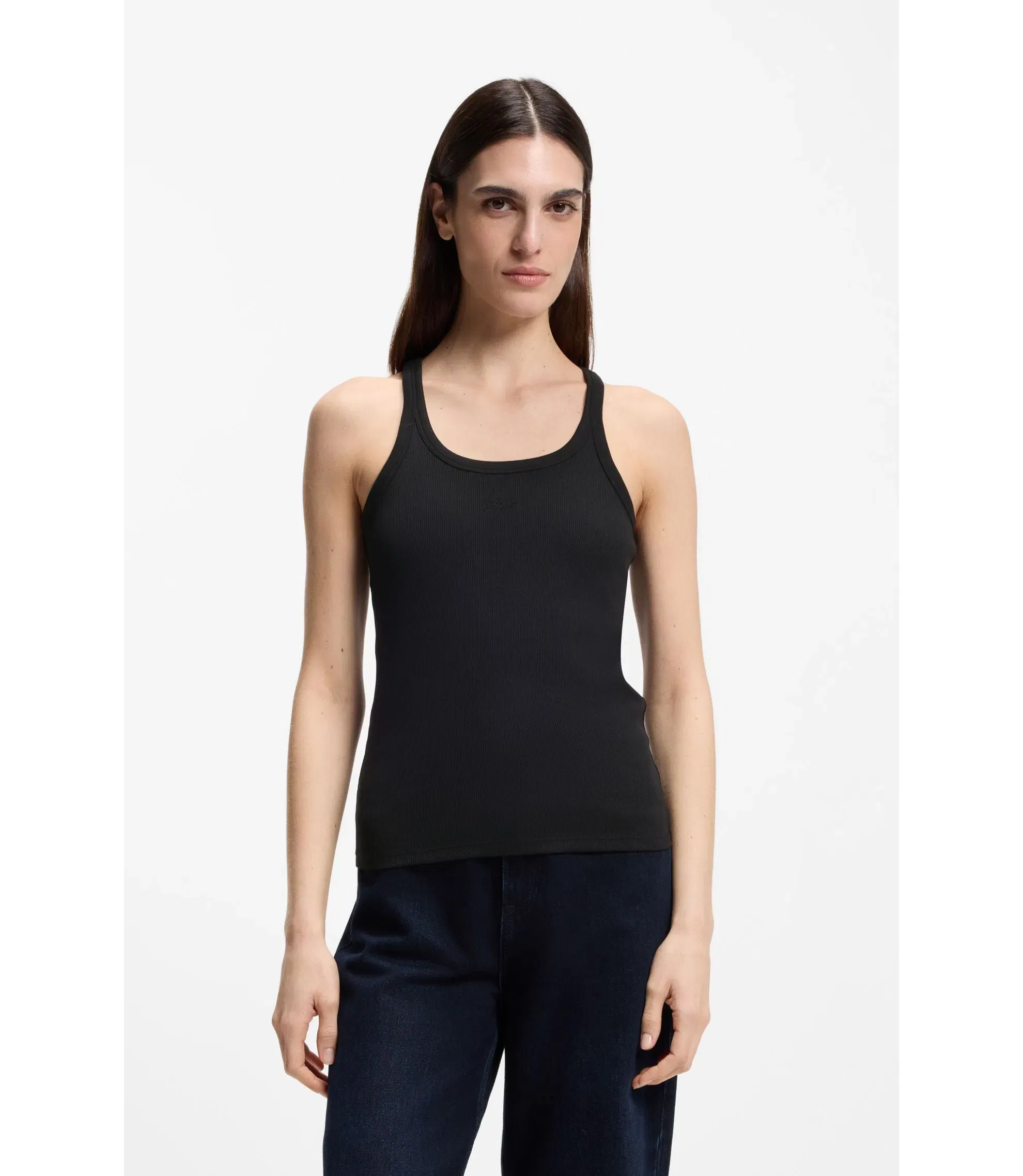 Boss Racer Back Tank Top In Stretch Cotton Black Women's
