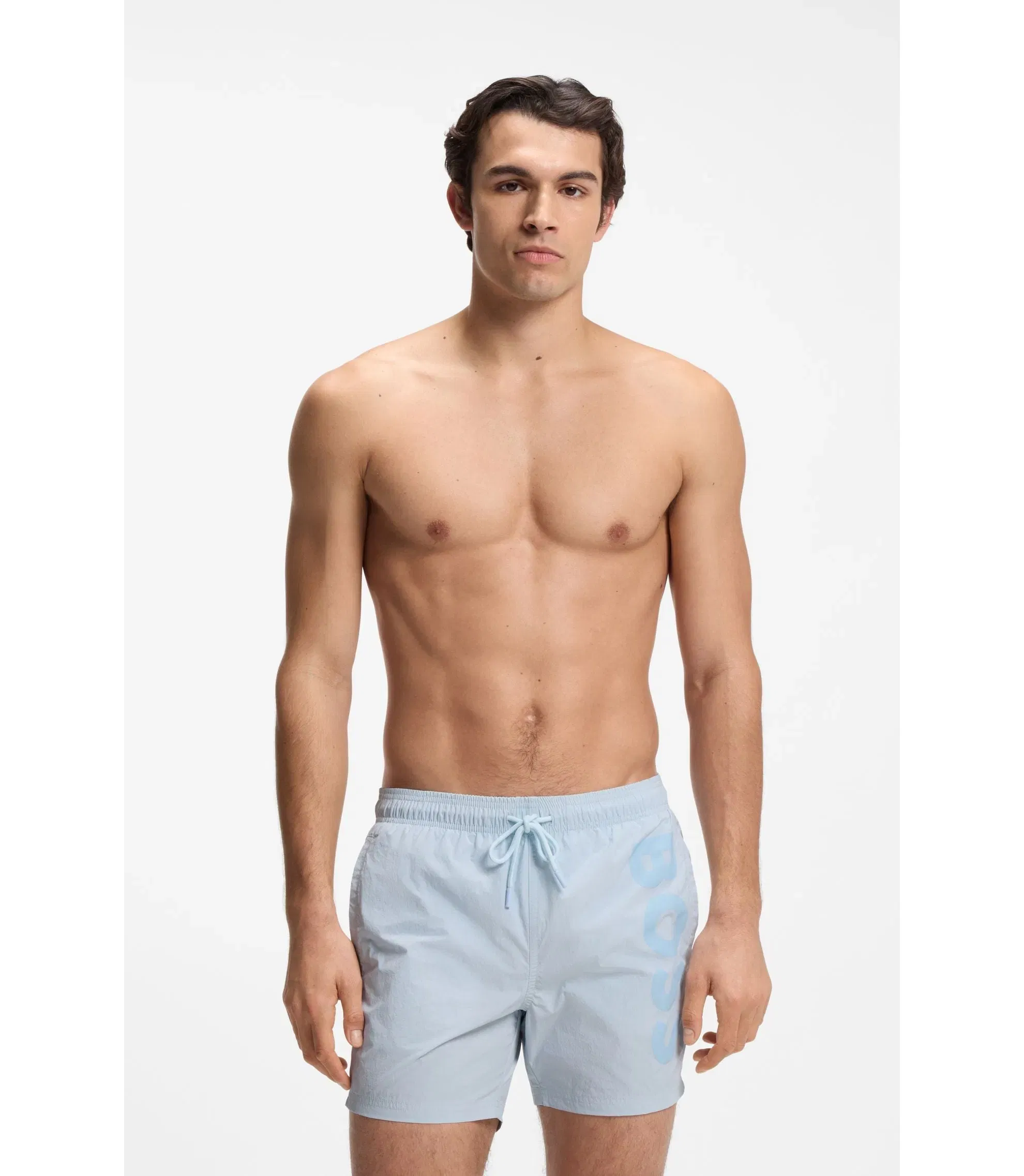 Boss Quick Dry Swim Shorts With Vertical Logo Print Light Blue