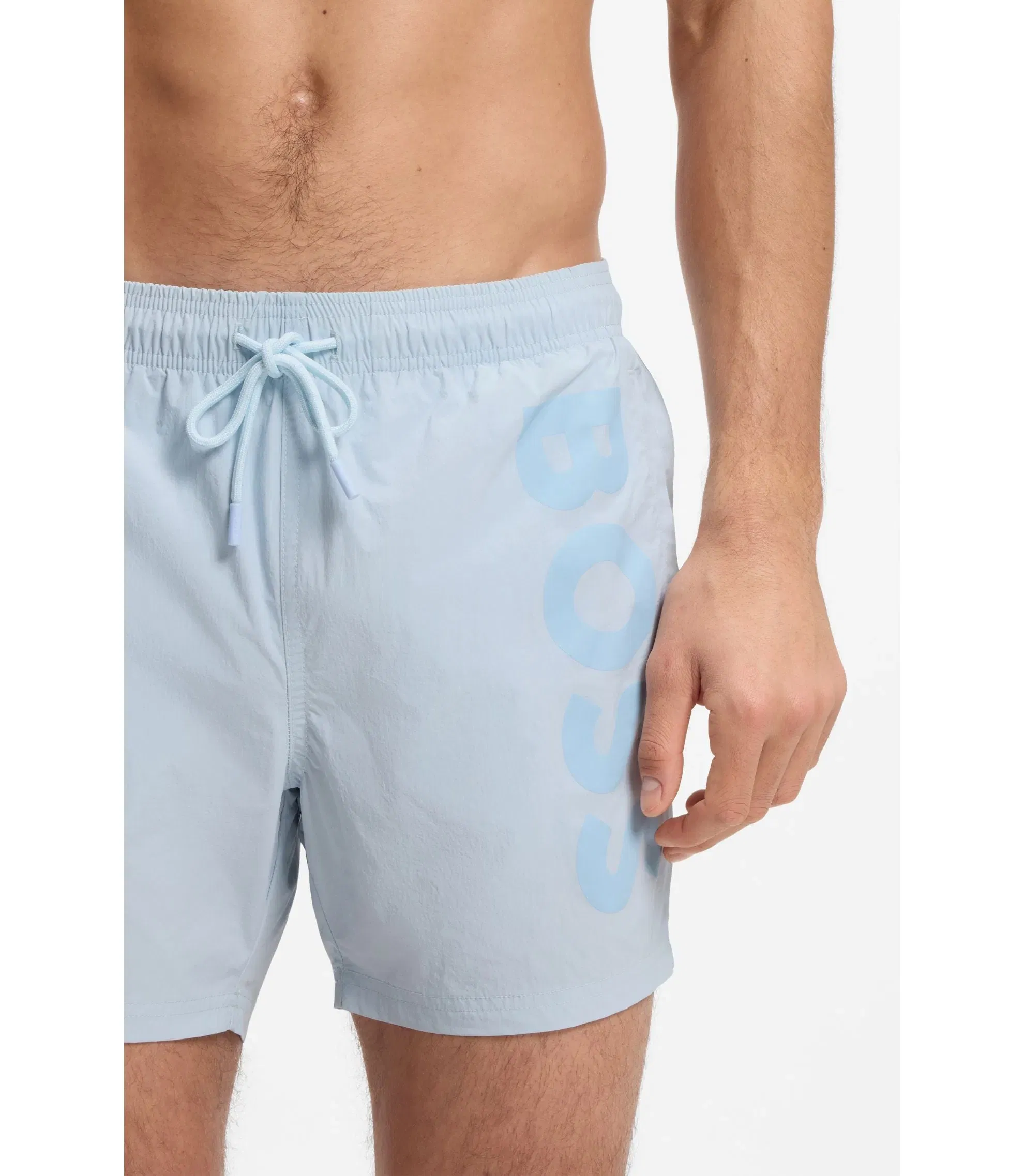 Boss Quick Dry Swim Shorts With Vertical Logo Print Light Blue