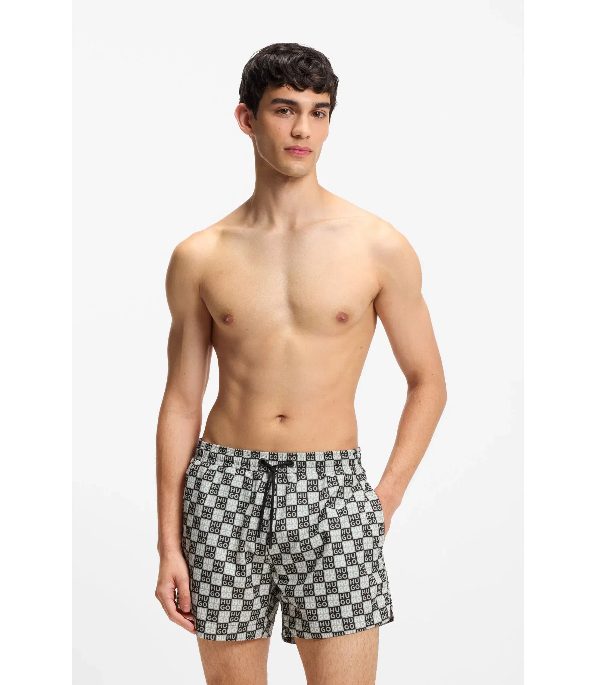 Hugo Quick Dry Swim Shorts With Stacked Logo Check Print Dark Green
