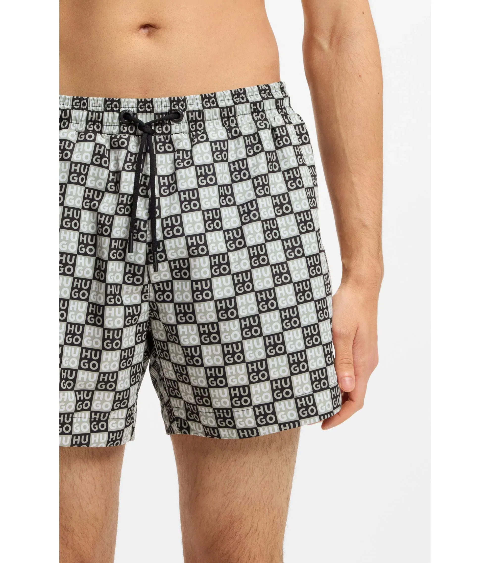 Hugo Quick Dry Swim Shorts With Stacked Logo Check Print Dark Green