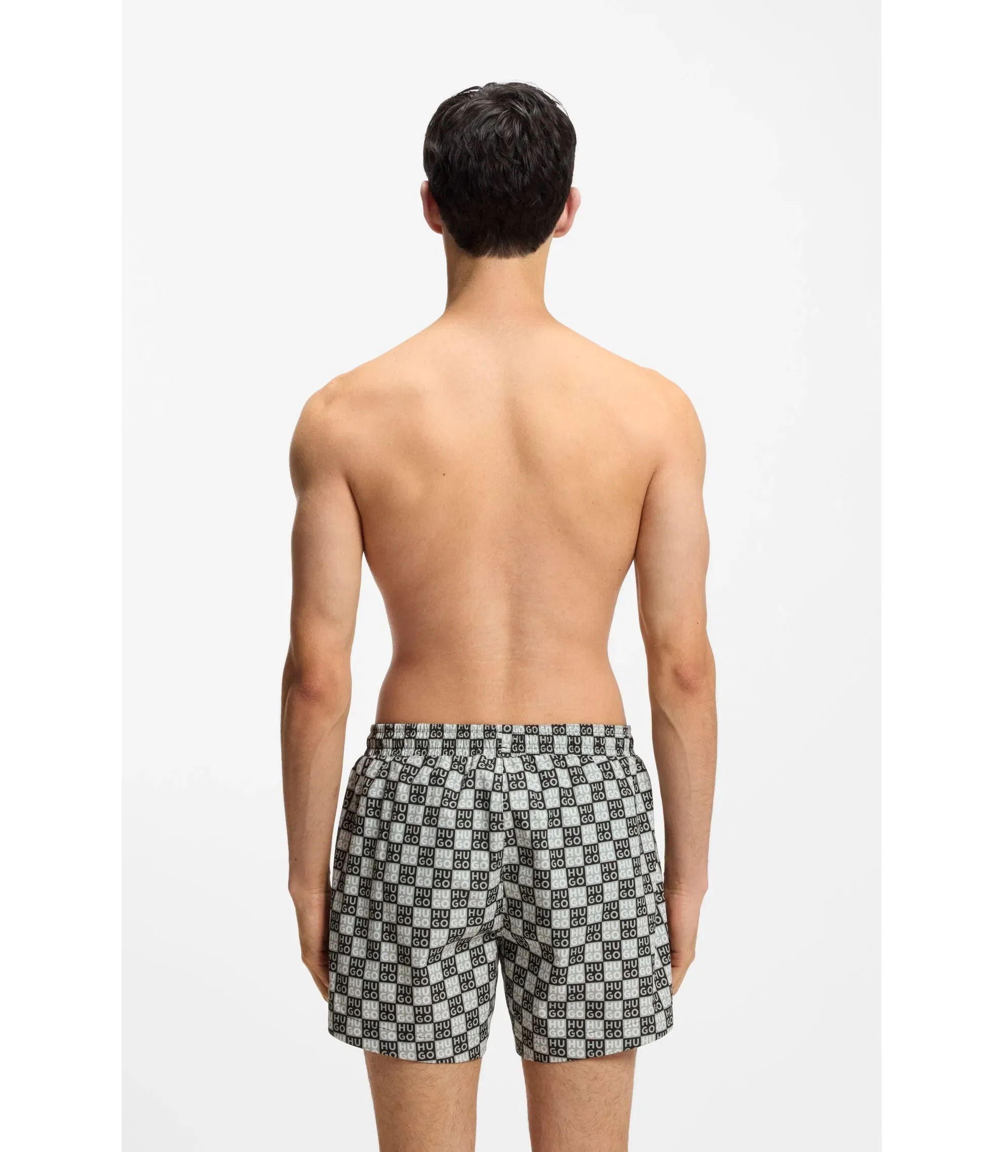 Hugo Quick Dry Swim Shorts With Stacked Logo Check Print Dark Green