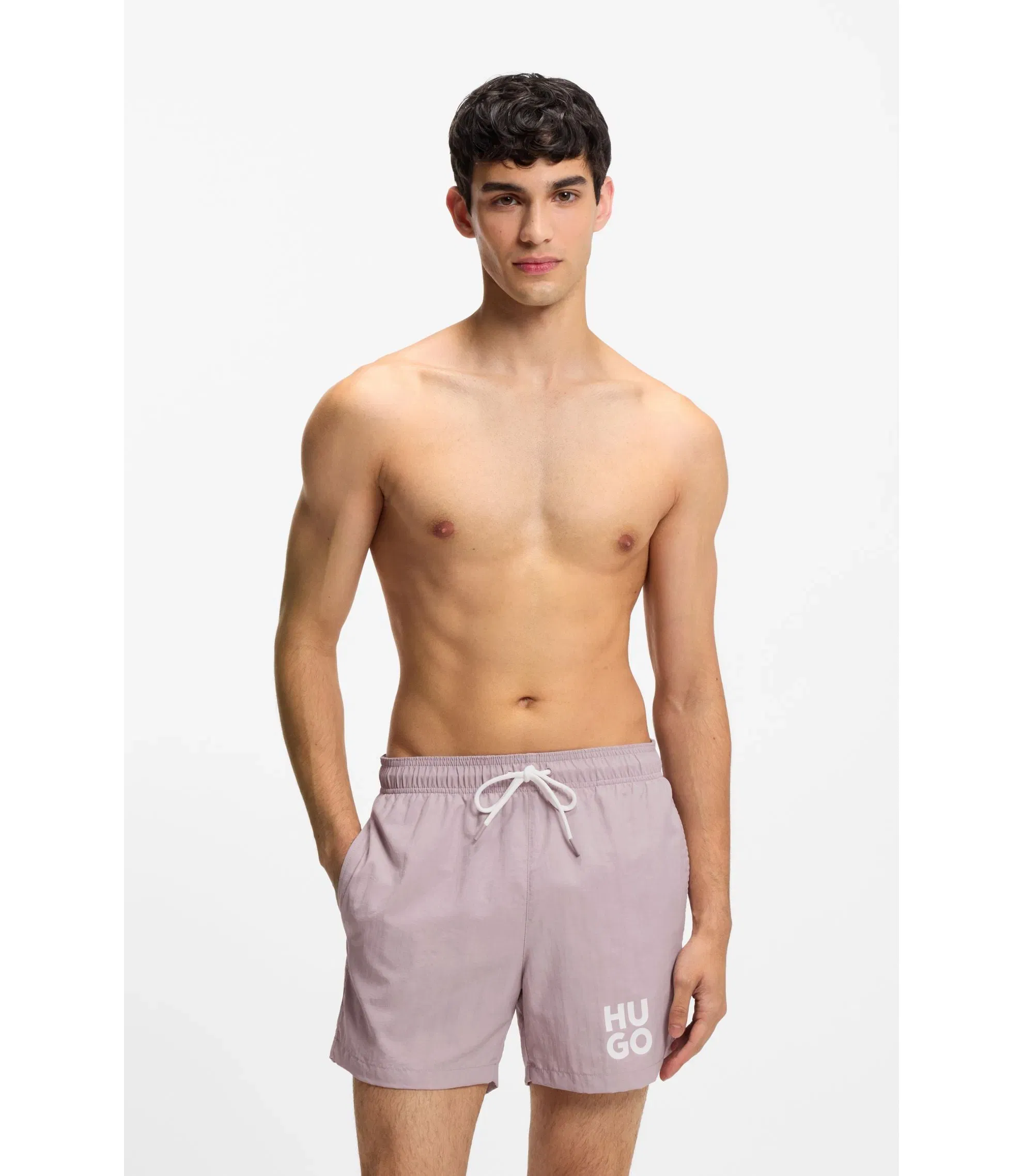 Hugo Quick Dry Swim Shorts With Printed Stacked Logo Light Pink