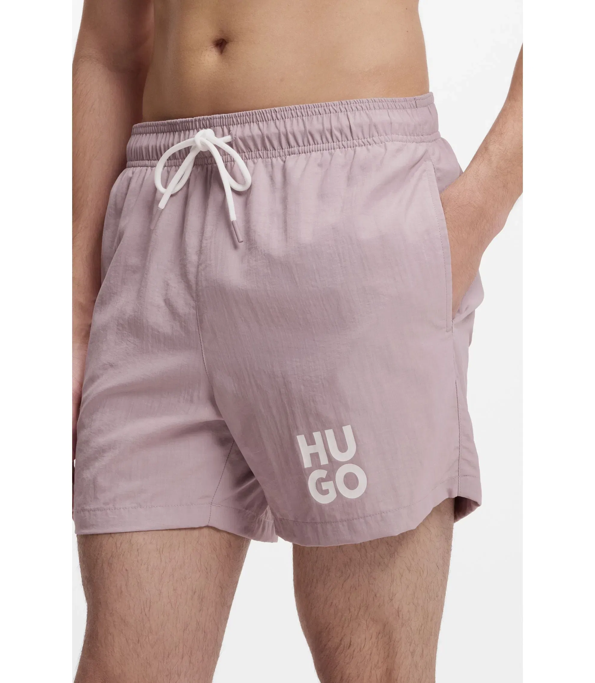 Hugo Quick Dry Swim Shorts With Printed Stacked Logo Light Pink