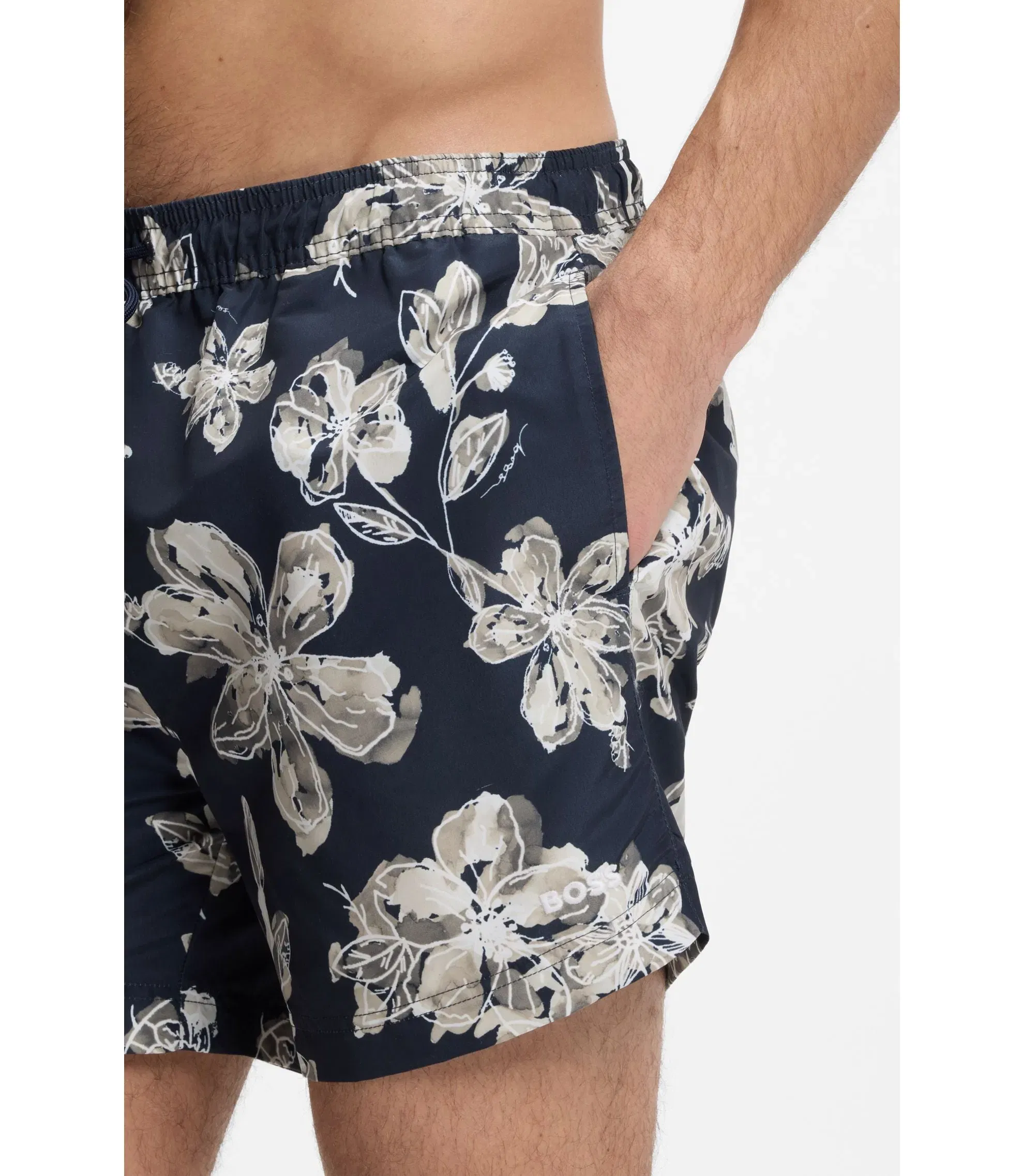 Boss Quick Dry Swim Shorts With All Over Print Dark Blue