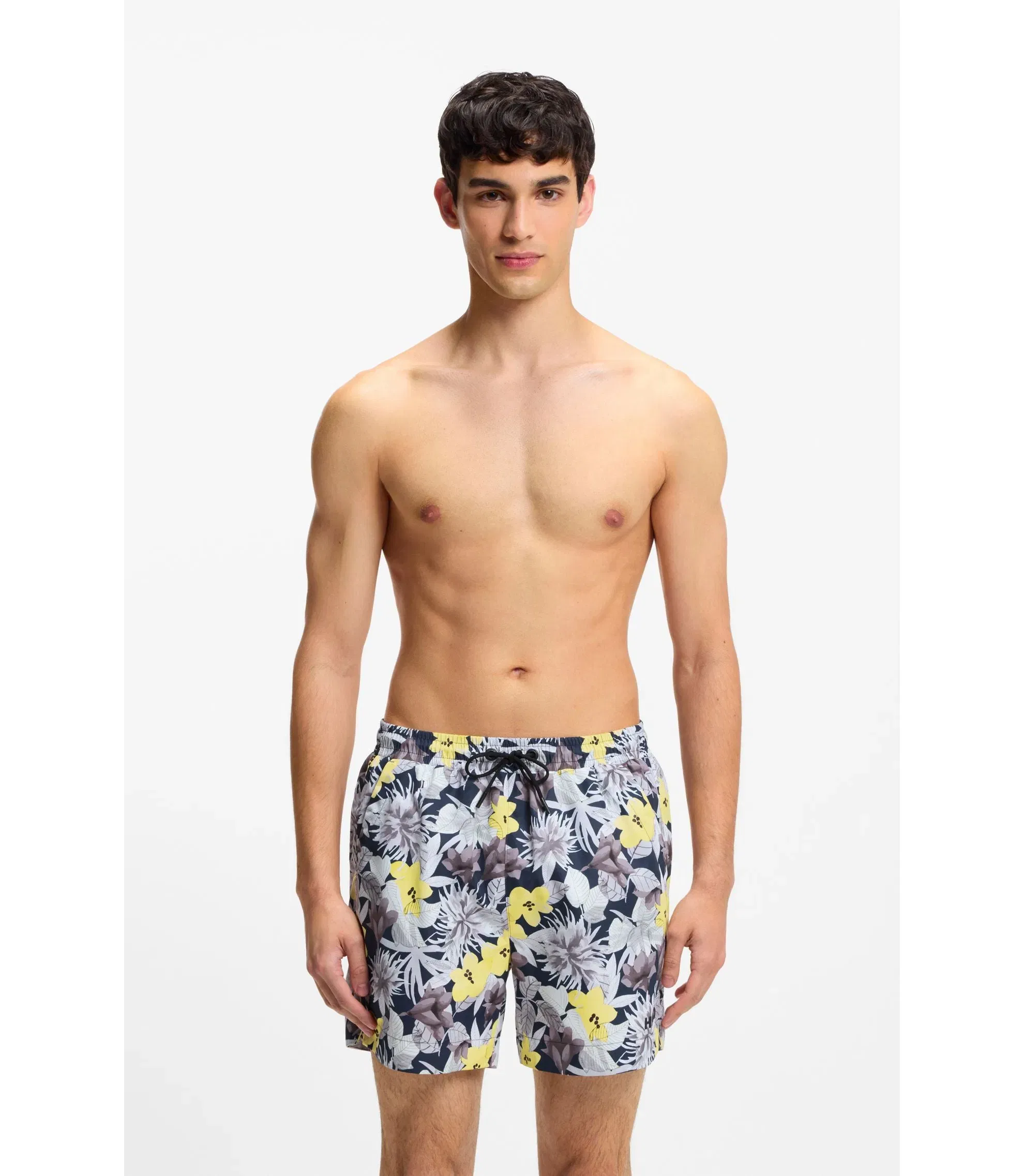 Hugo Quick Dry Swim Shorts With All Over Print Light Yellow