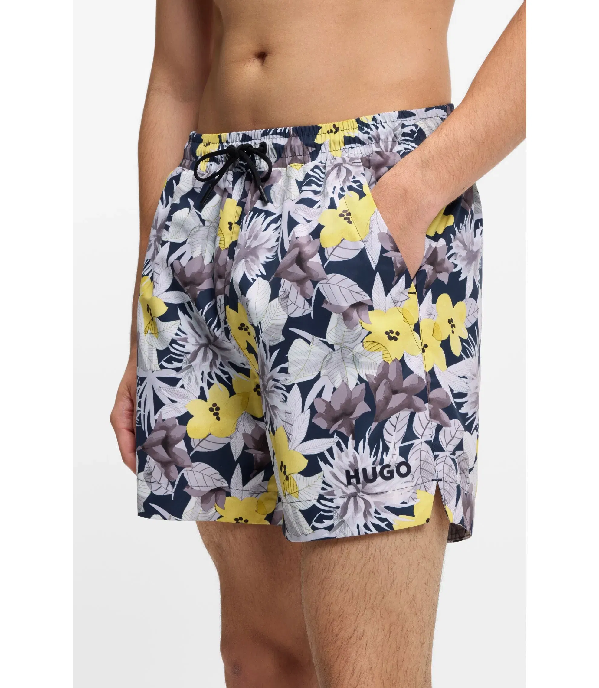 Hugo Quick Dry Swim Shorts With All Over Print Light Yellow