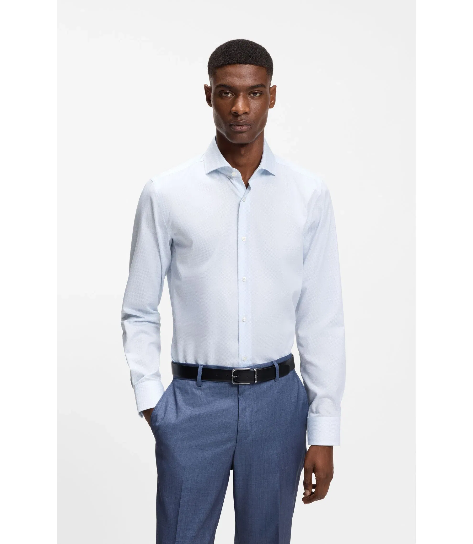 Boss Printed Slim Fit Shirt In Wrinkle Free Cotton Twill Light Blue