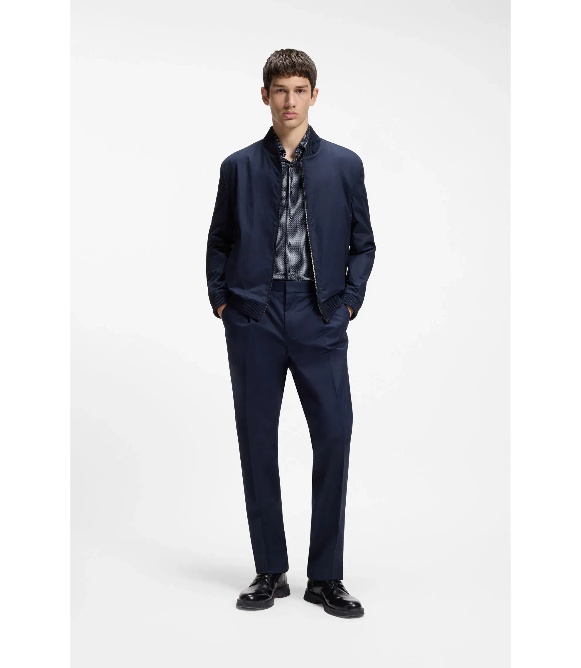 Hugo Printed Slim Fit Shirt In Stretch Jersey Dark Blue