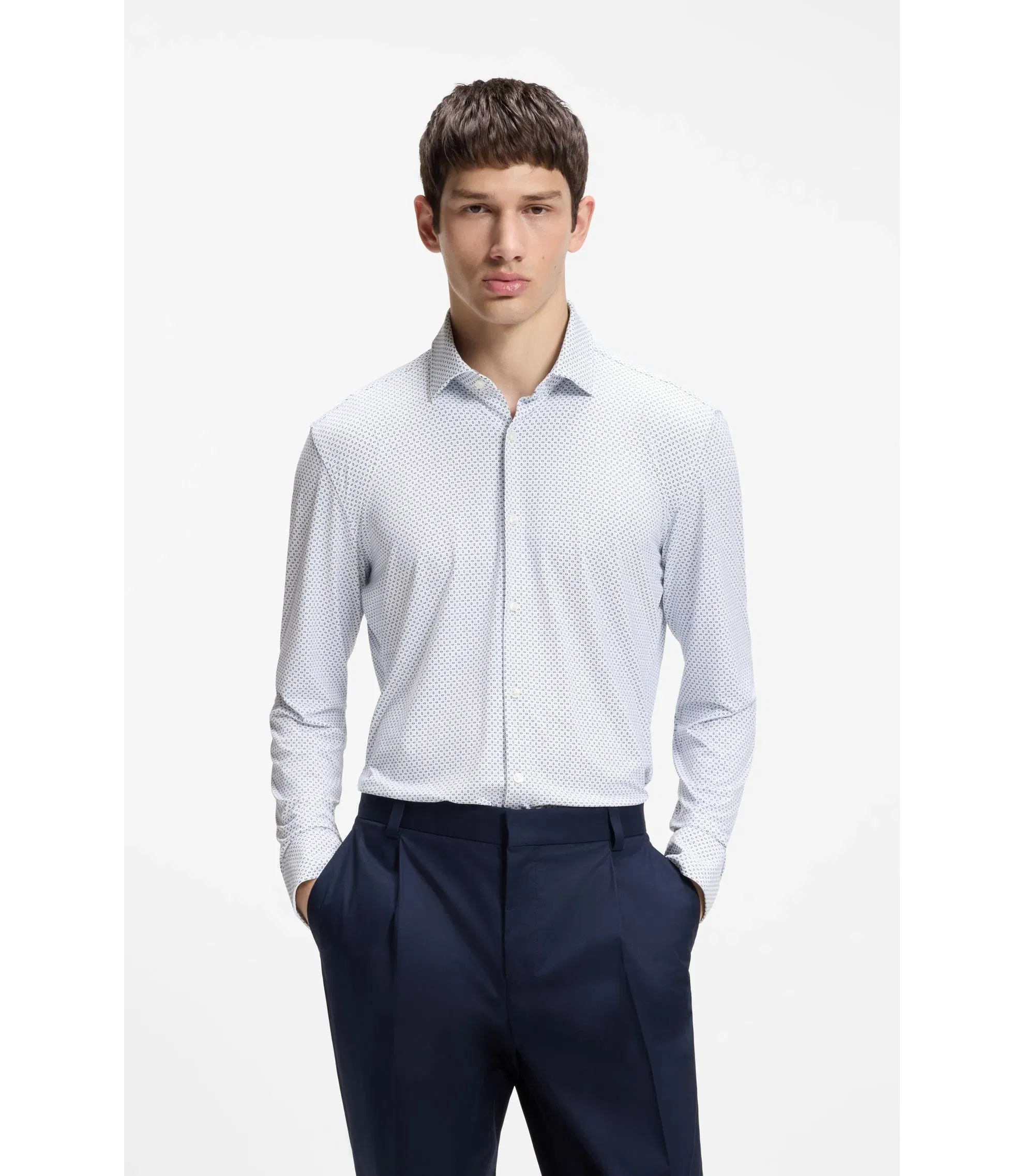 Hugo Printed Slim Fit Shirt In Stretch Jersey White