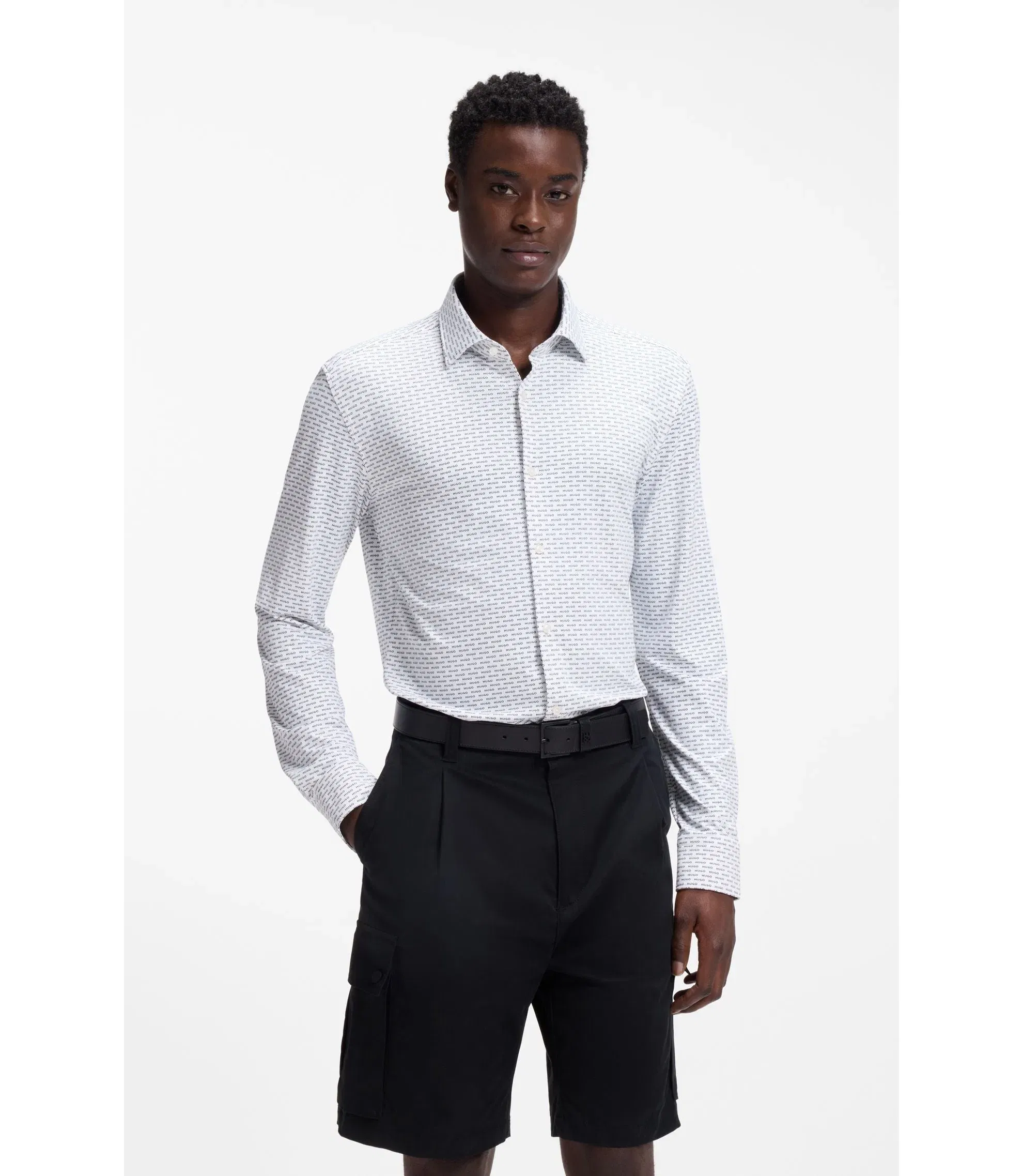 Hugo Printed Slim Fit Shirt In Stretch Jersey Black