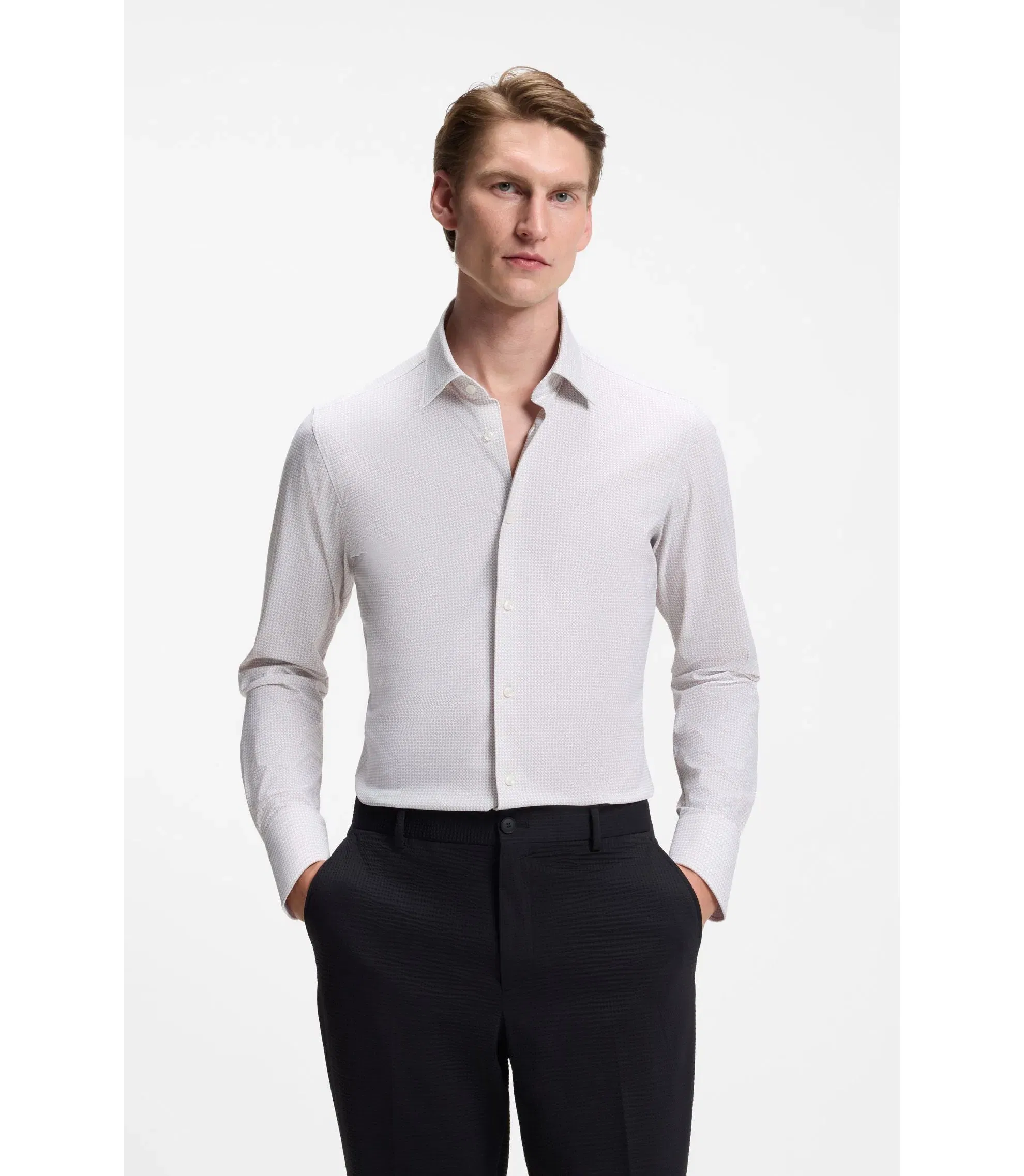 Boss Printed Slim Fit Shirt In Performance Stretch Jersey Light Beige