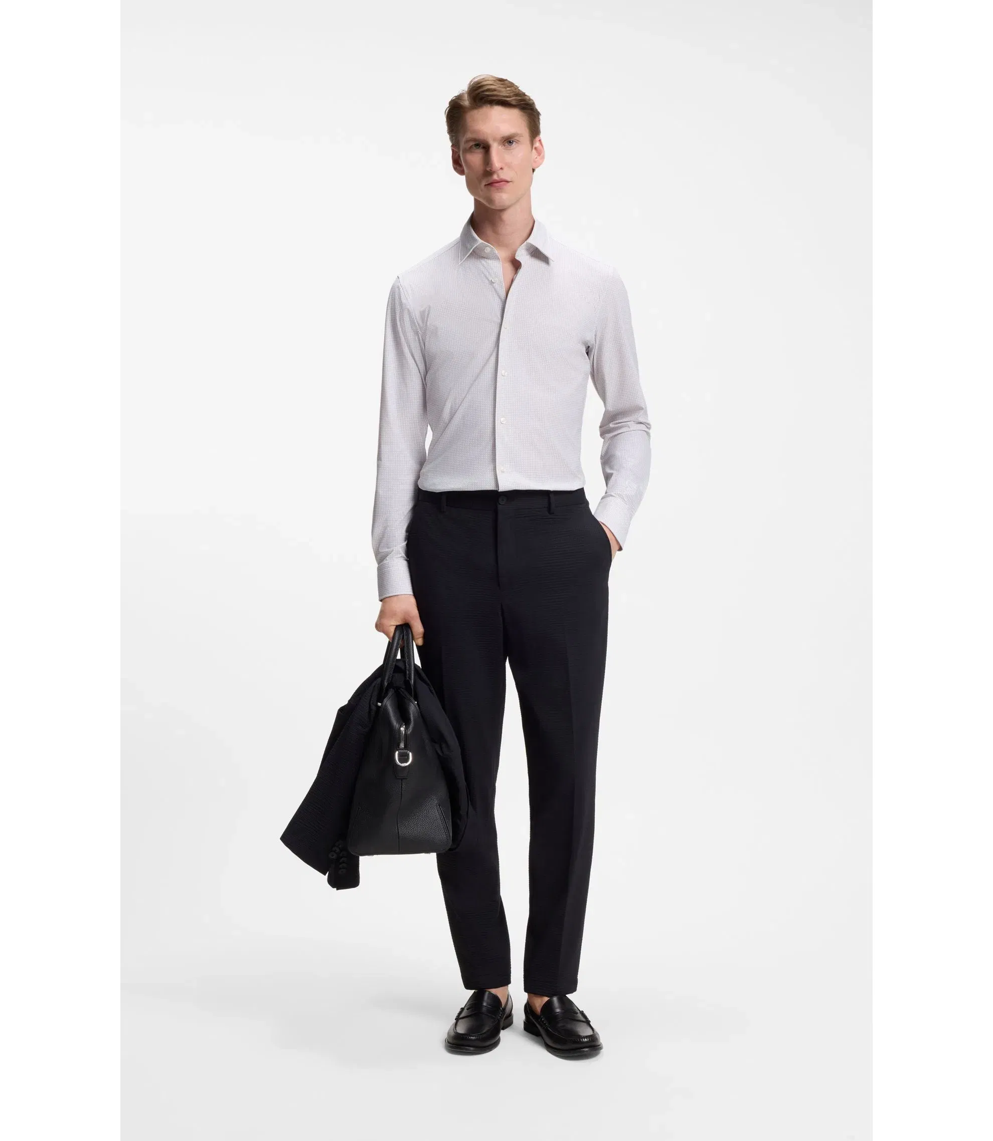 Boss Printed Slim Fit Shirt In Performance Stretch Jersey Light Beige
