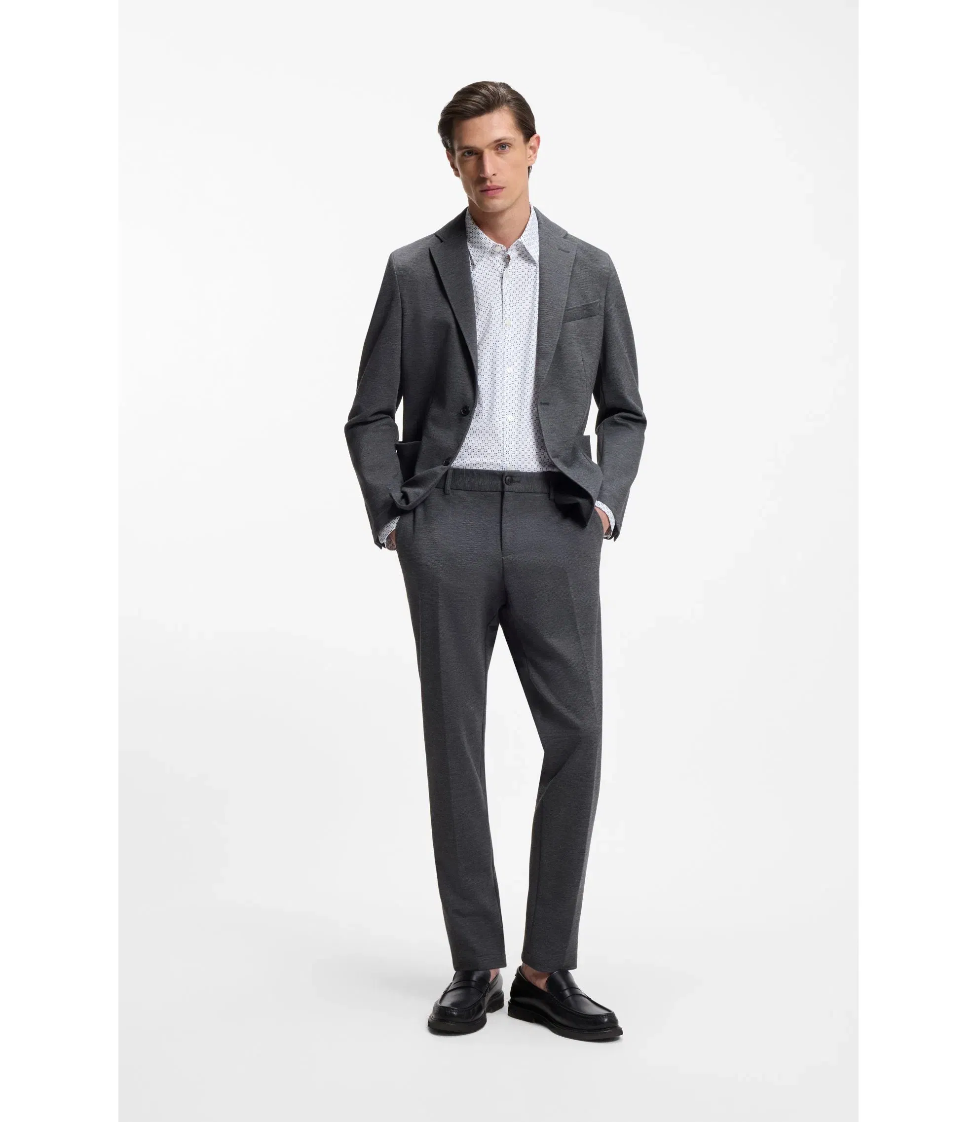 Boss Printed Slim Fit Shirt In Performance Stretch Jersey Dark Blue