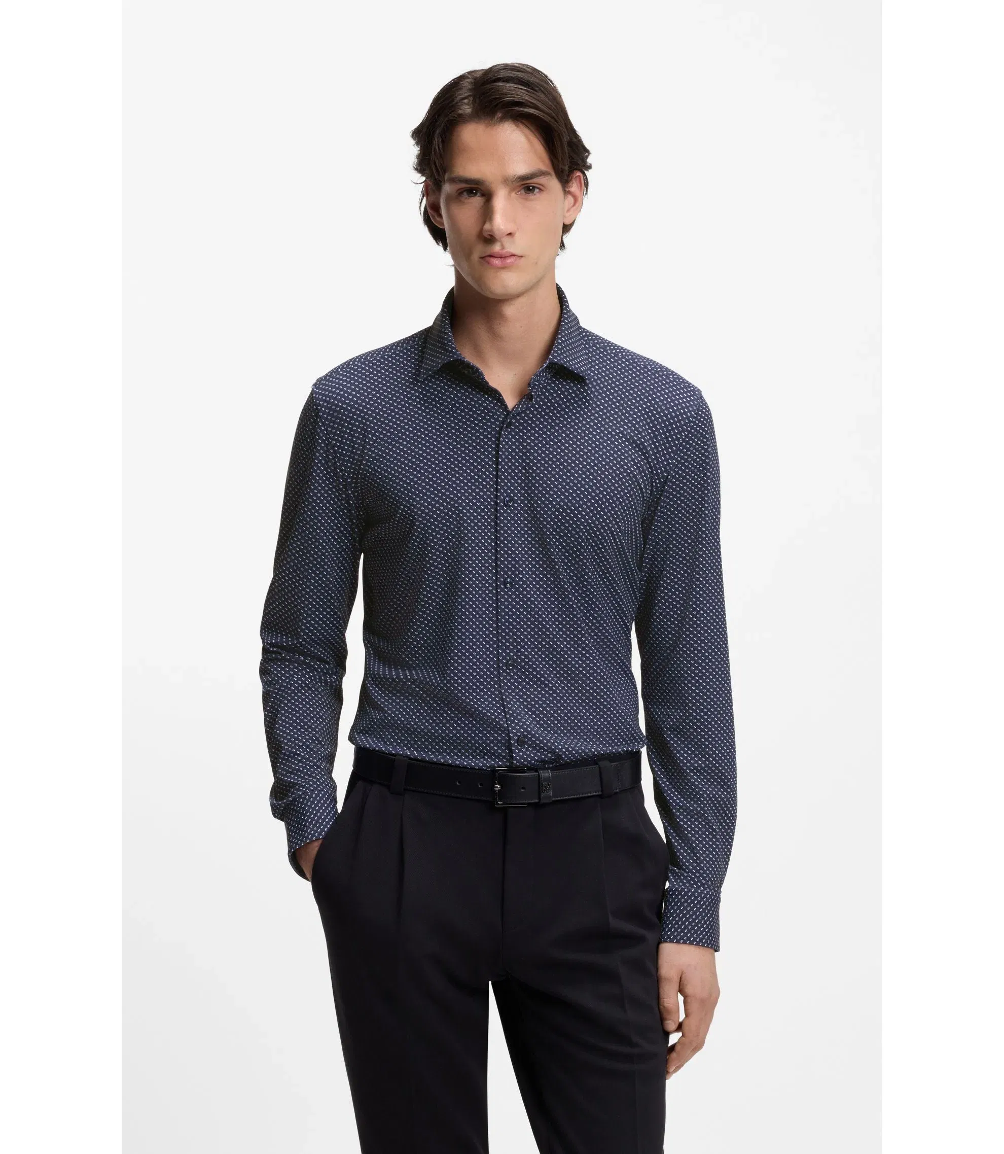 Hugo Printed Slim Fit Shirt In Performance Stretch Jersey Dark Blue