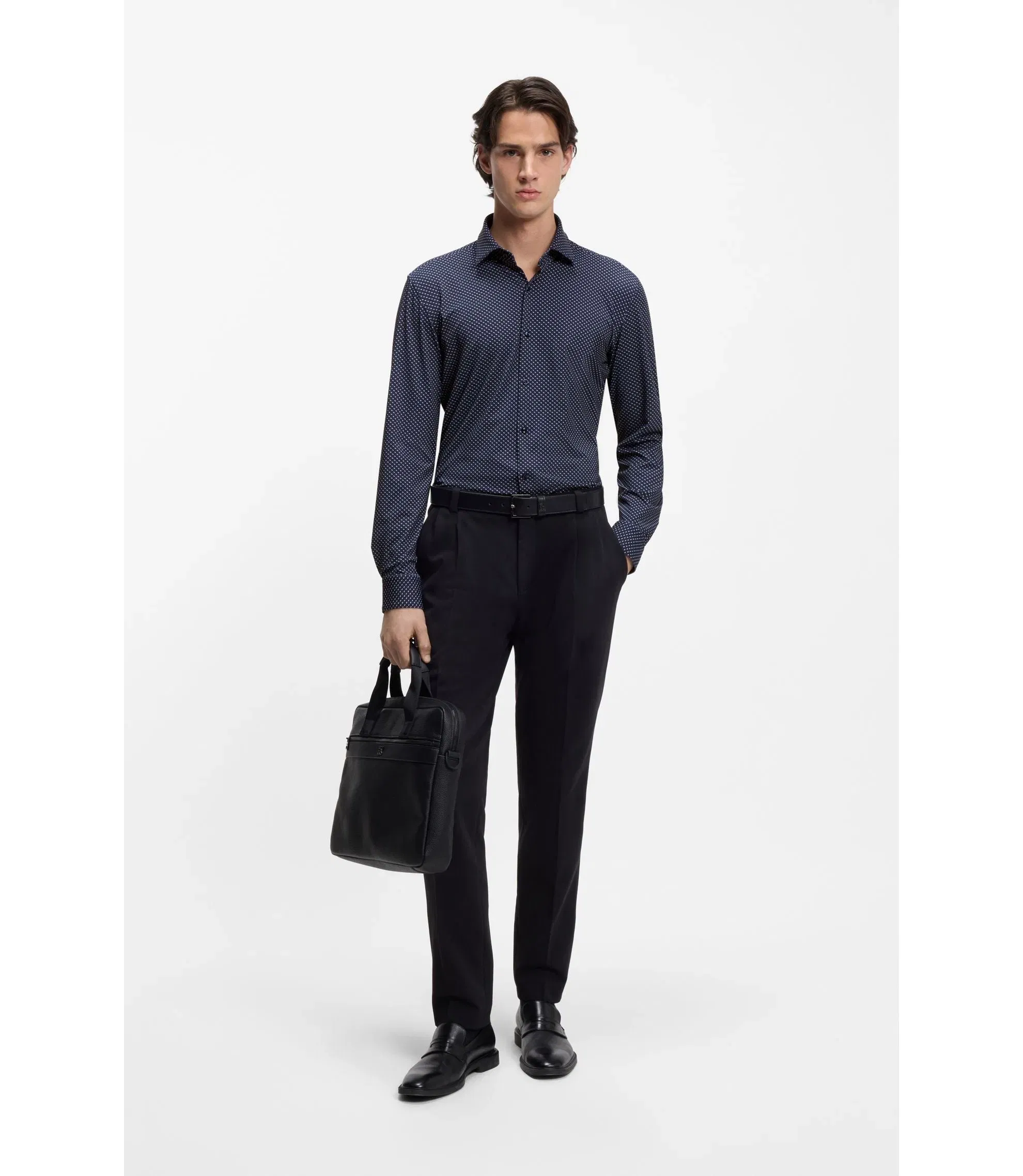 Hugo Printed Slim Fit Shirt In Performance Stretch Jersey Dark Blue