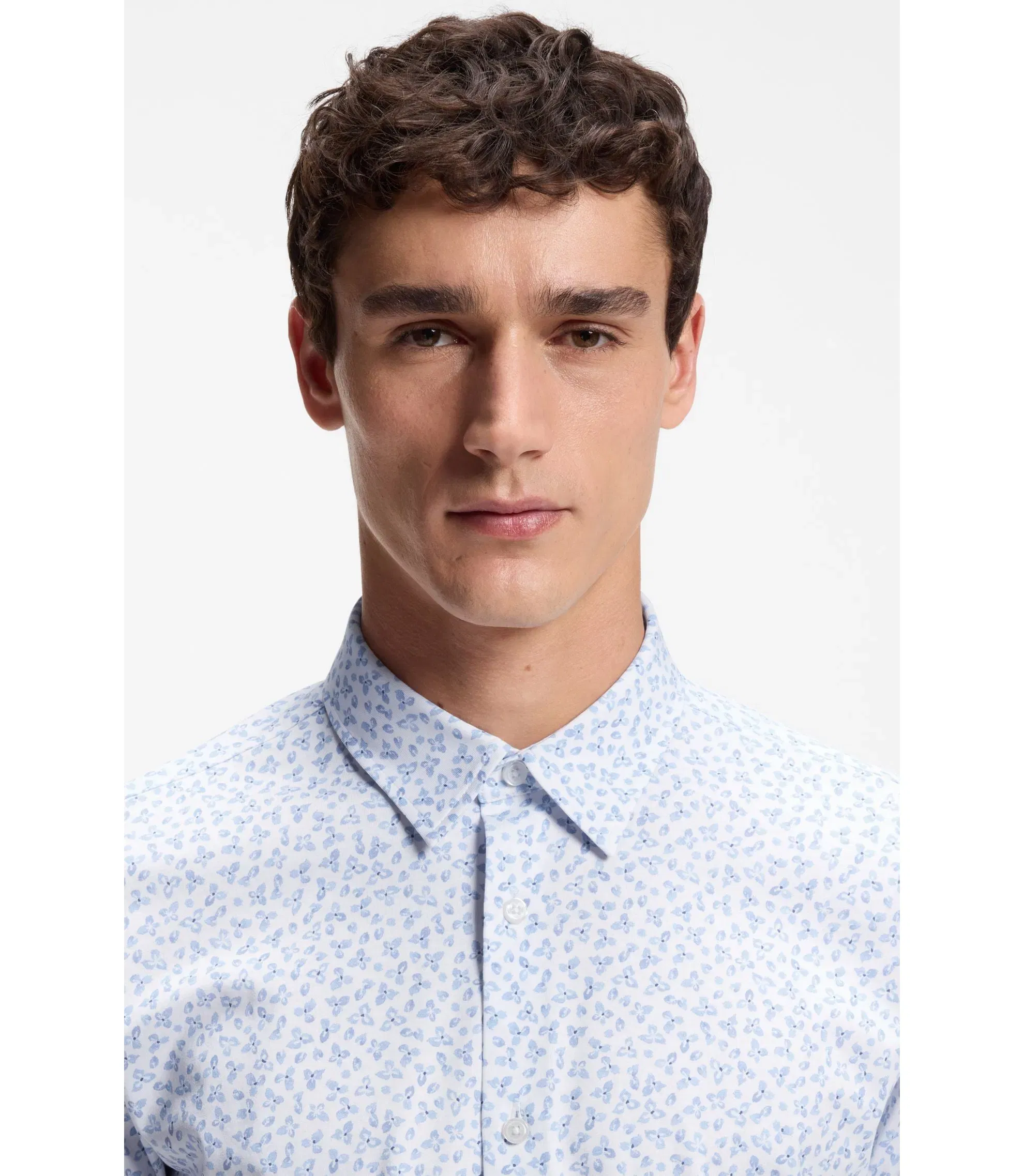 Boss Printed Slim Fit Shirt In Cotton Blend Jersey Light Blue