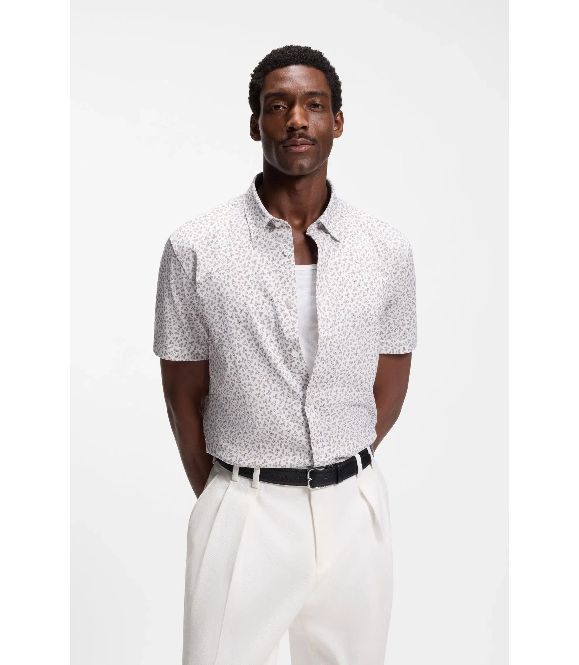 Boss Printed Slim Fit Shirt In Cotton Blend Jersey Light Beige