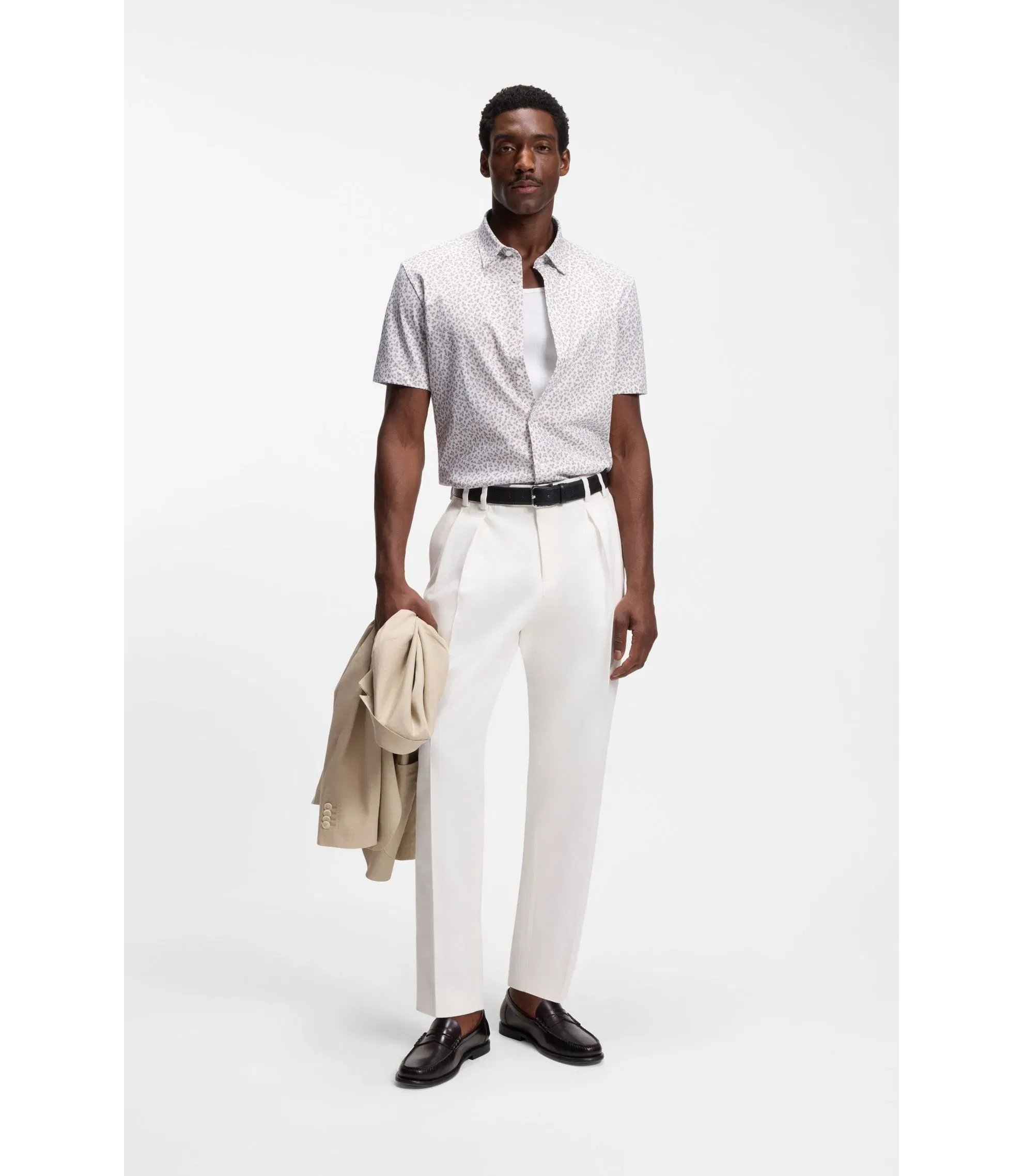 Boss Printed Slim Fit Shirt In Cotton Blend Jersey Light Beige