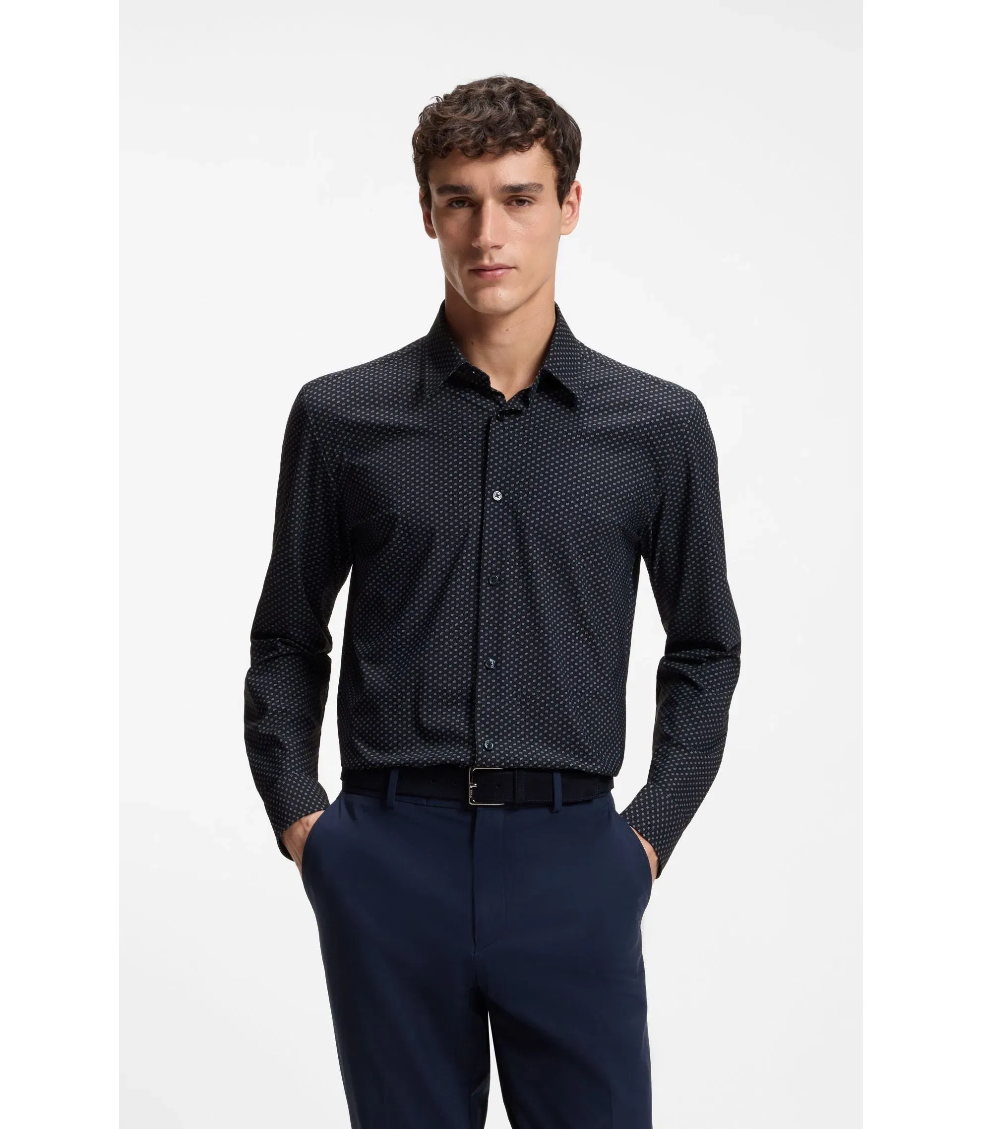Boss Printed Regular Fit Shirt In Performance Stretch Jersey Dark Blue