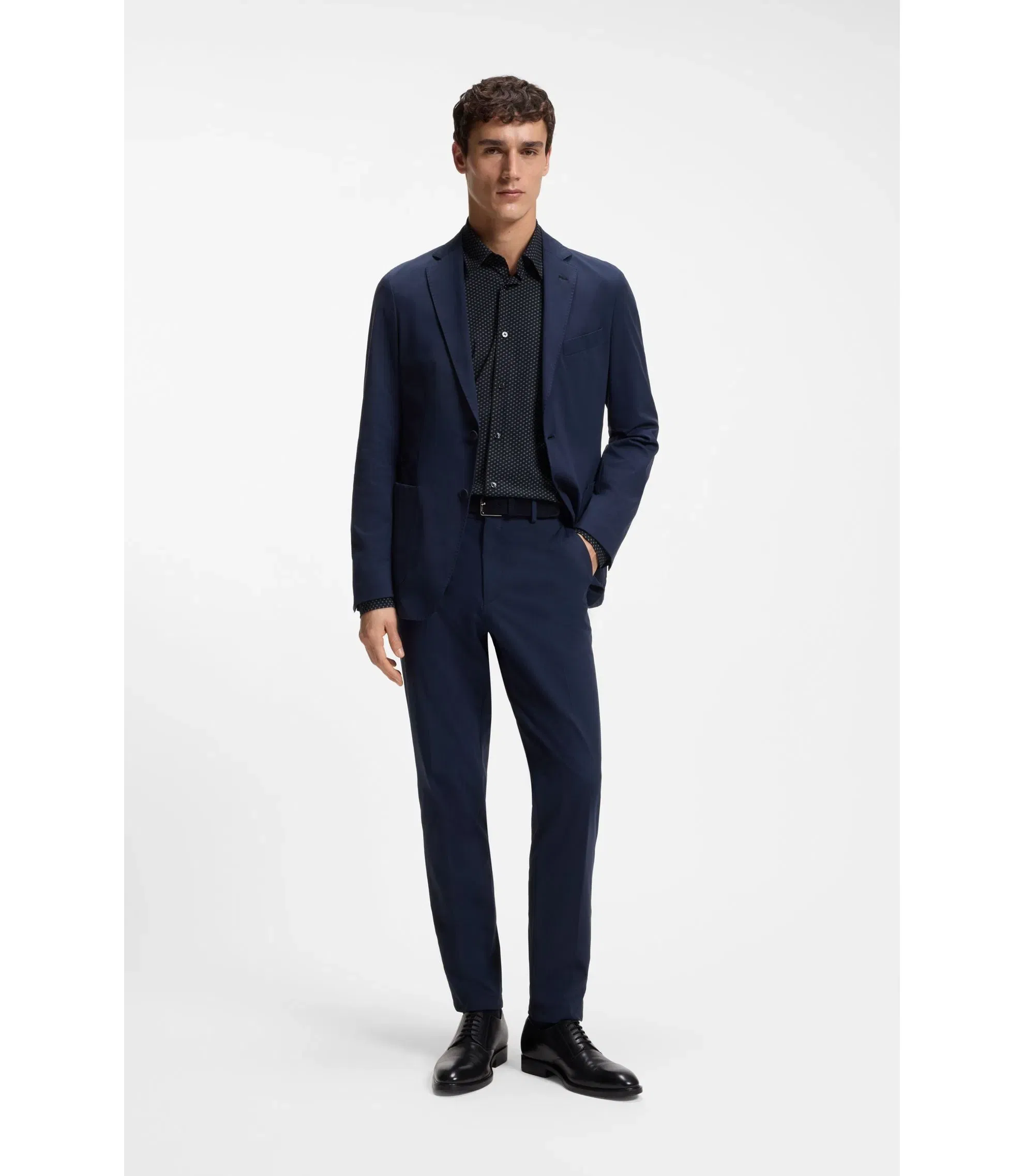 Boss Printed Regular Fit Shirt In Performance Stretch Jersey Dark Blue