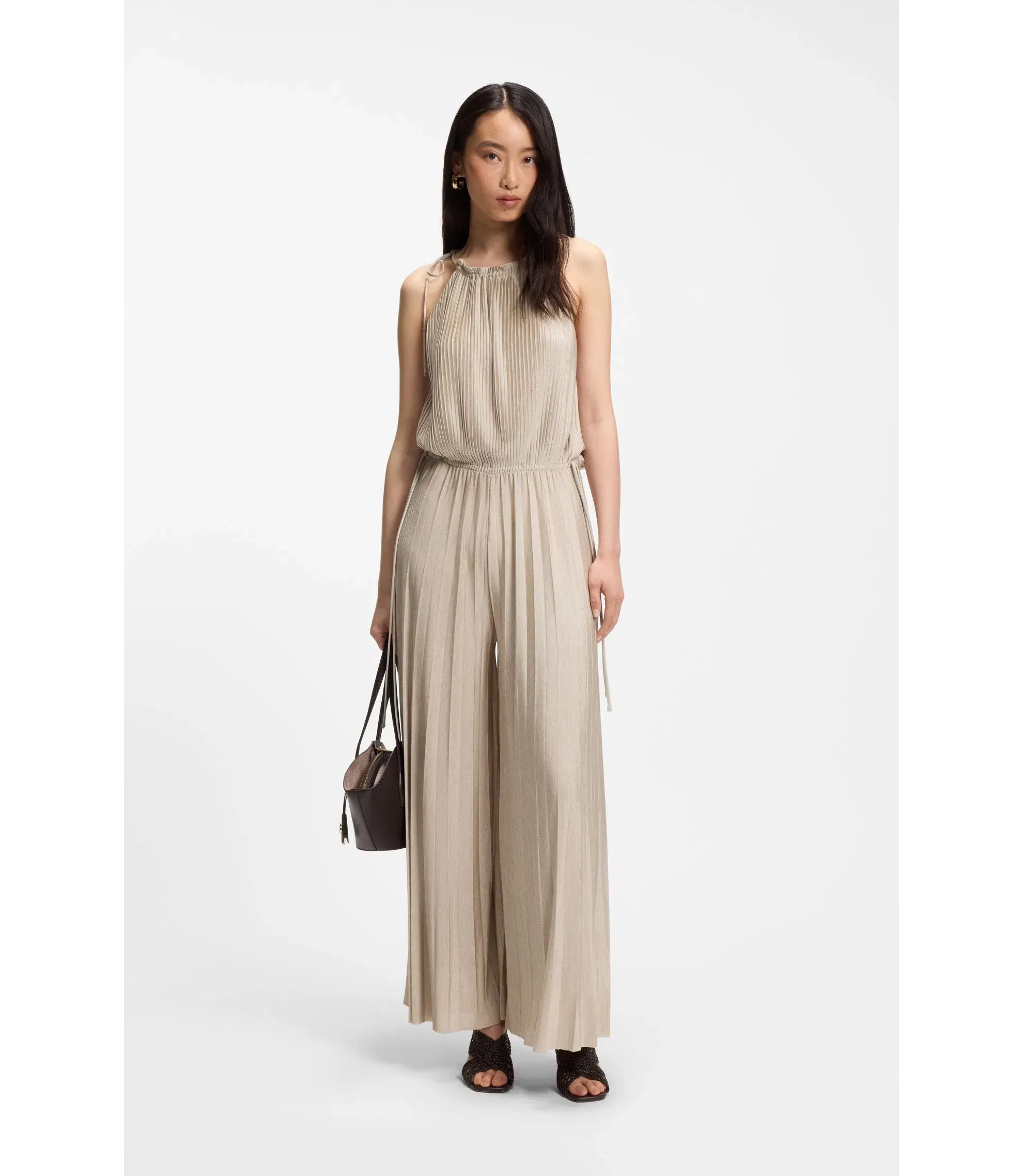 Boss Pliss Pleat Jumpsuit With Halterneck Light Beige Women's