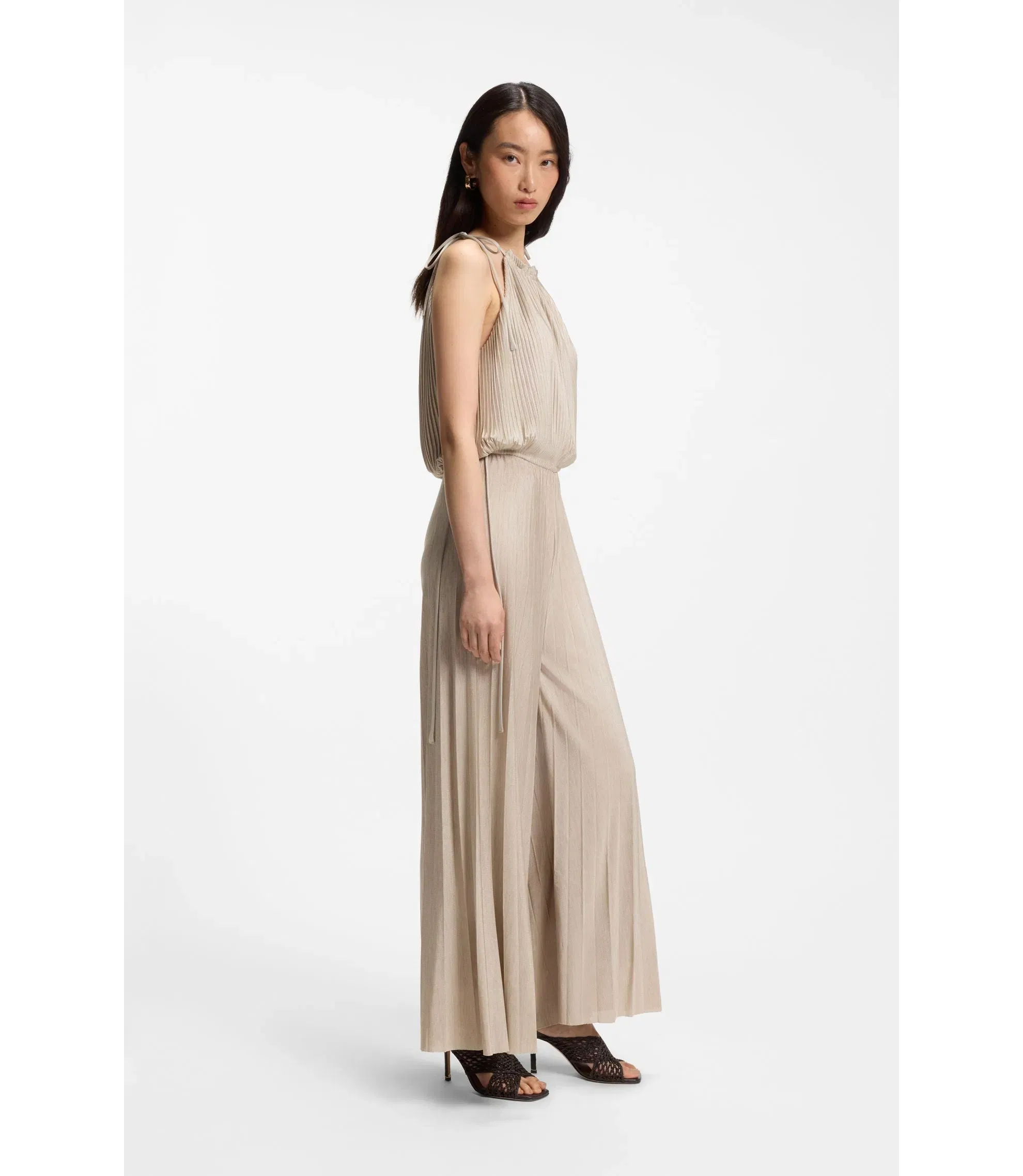 Boss Pliss Pleat Jumpsuit With Halterneck Light Beige Women's